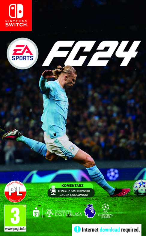 Okładka gry FC24 na Nintendo Switch. Przedstawia Erlinga Haalanda kopiącego piłkę nożną.