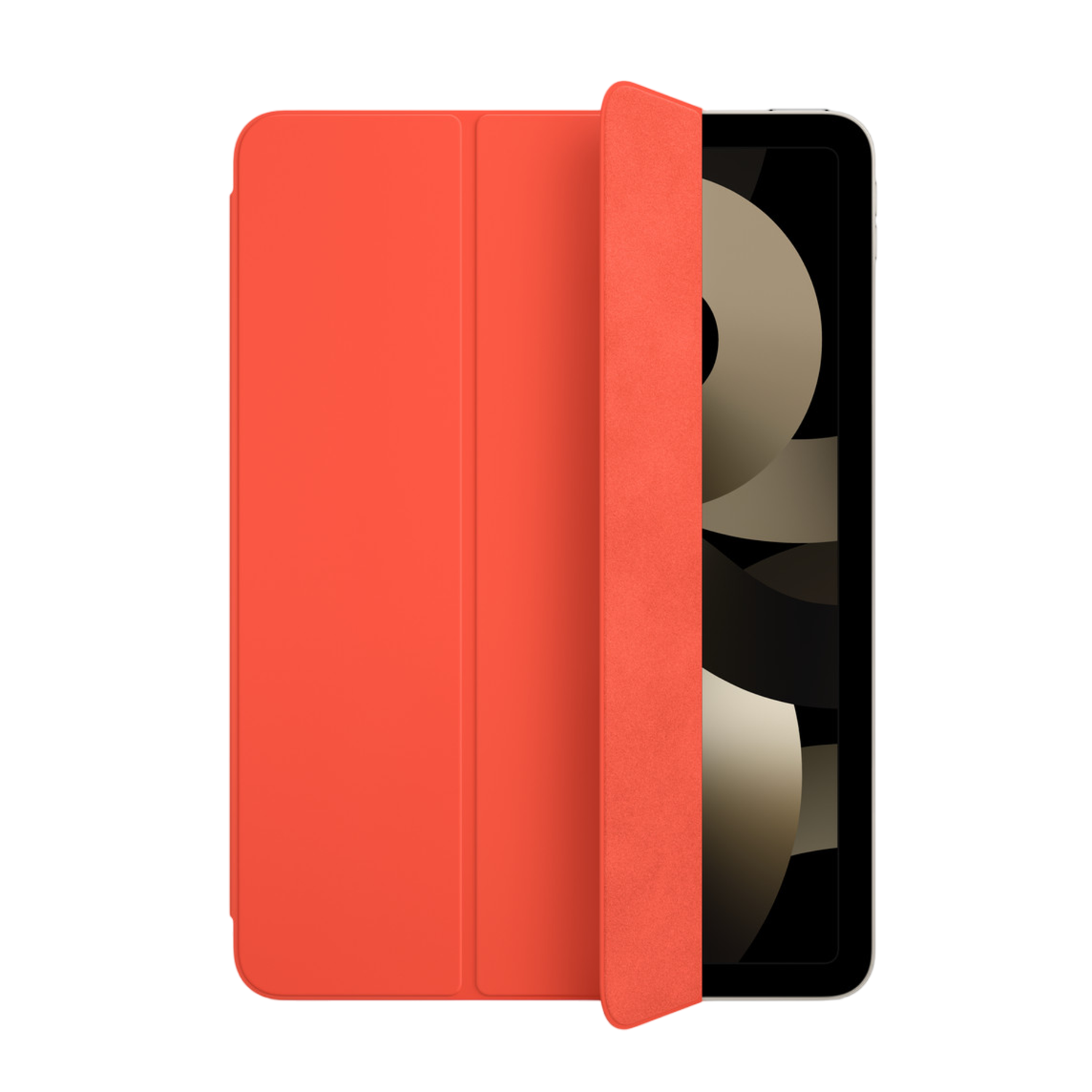Orange iPad case open to reveal an iPad with a light-colored screen.