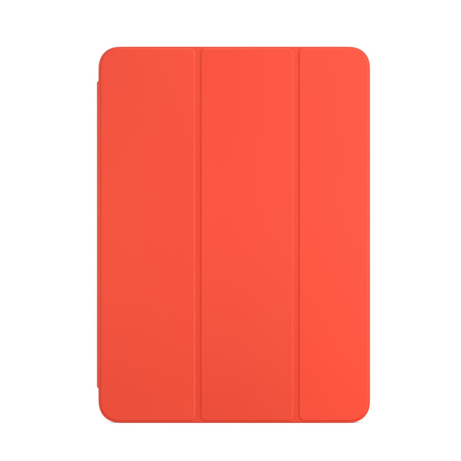 Orange tablet case, folded and closed, with three panels, isolated on white.