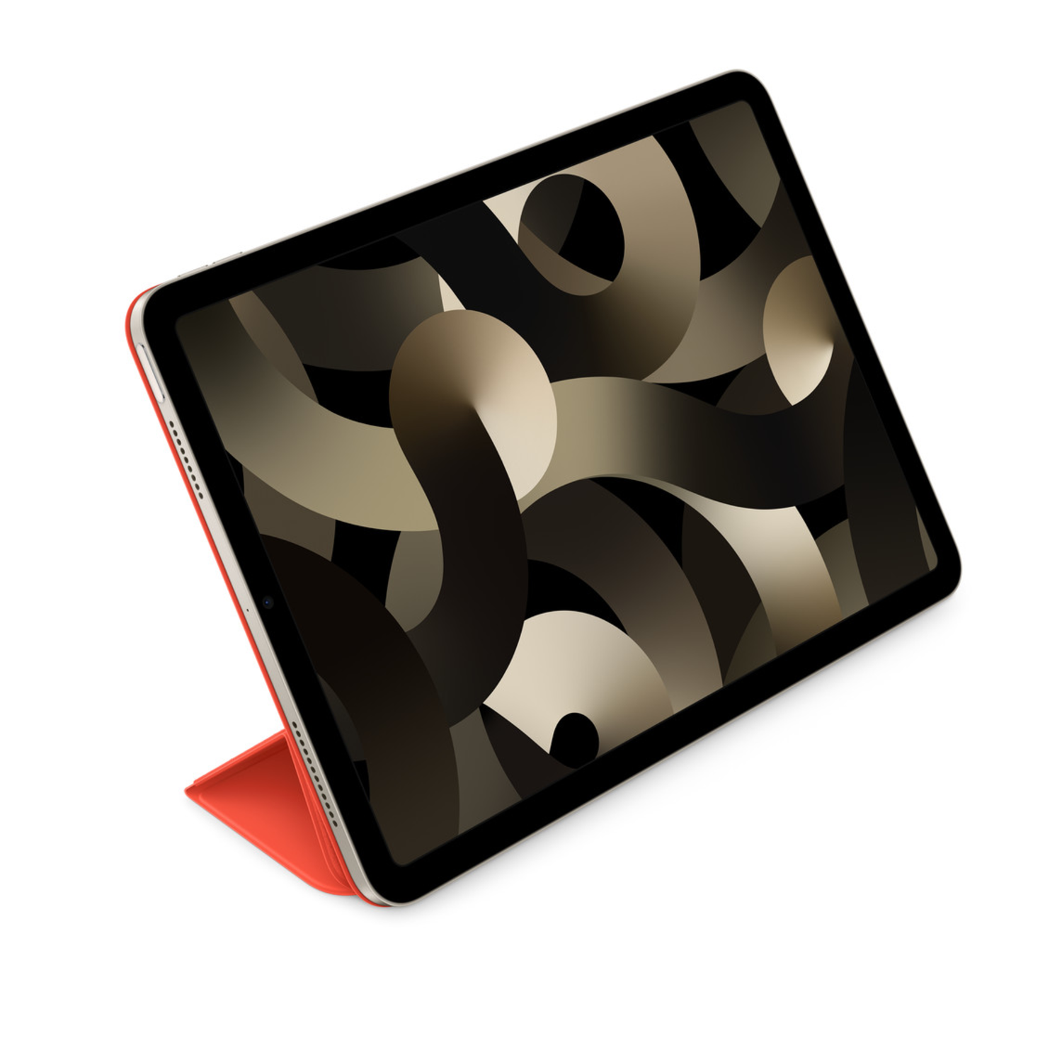 iPad Air with a red case. The screen displays a modern graphic design.