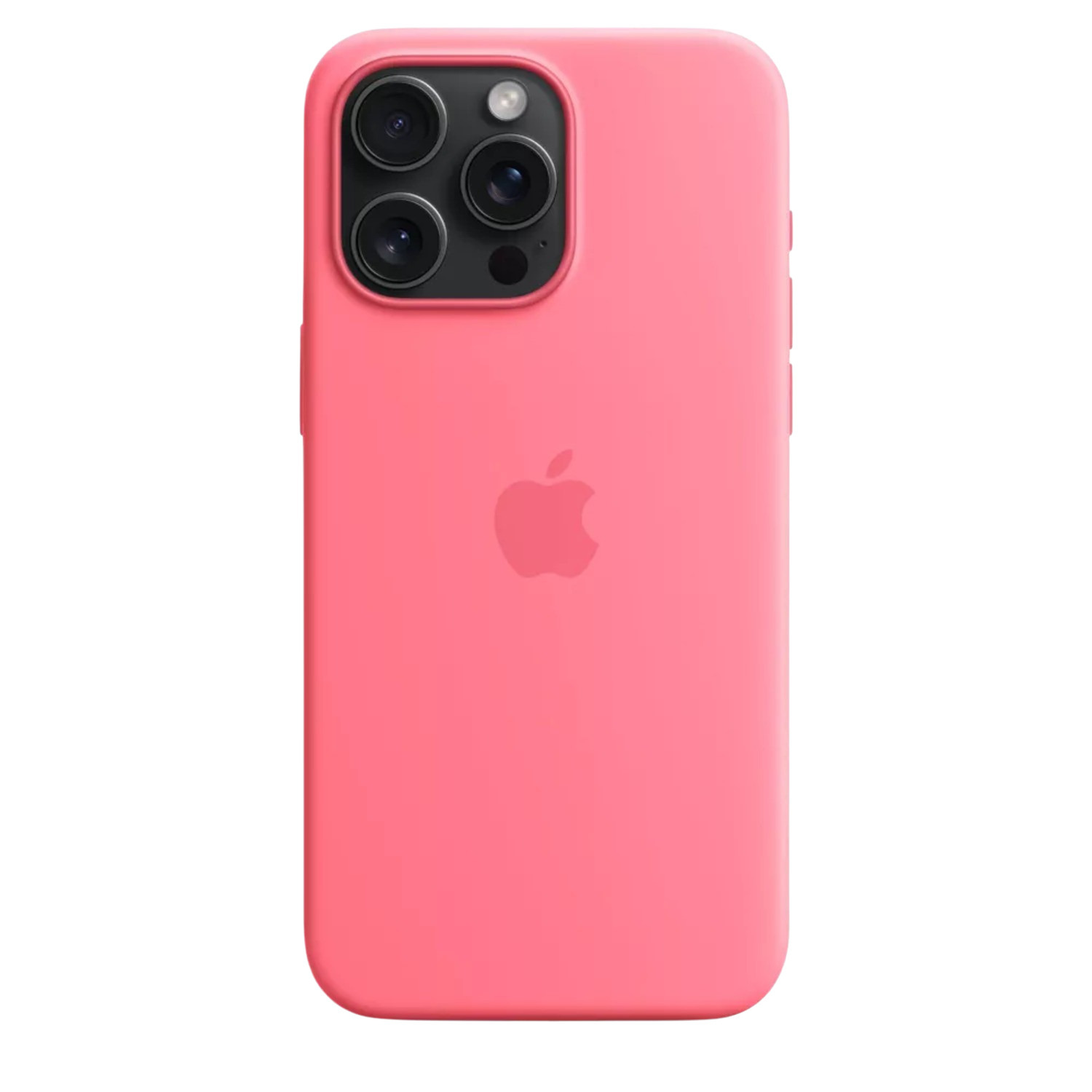 Pink phone case with three lenses and a white Apple logo on the back.