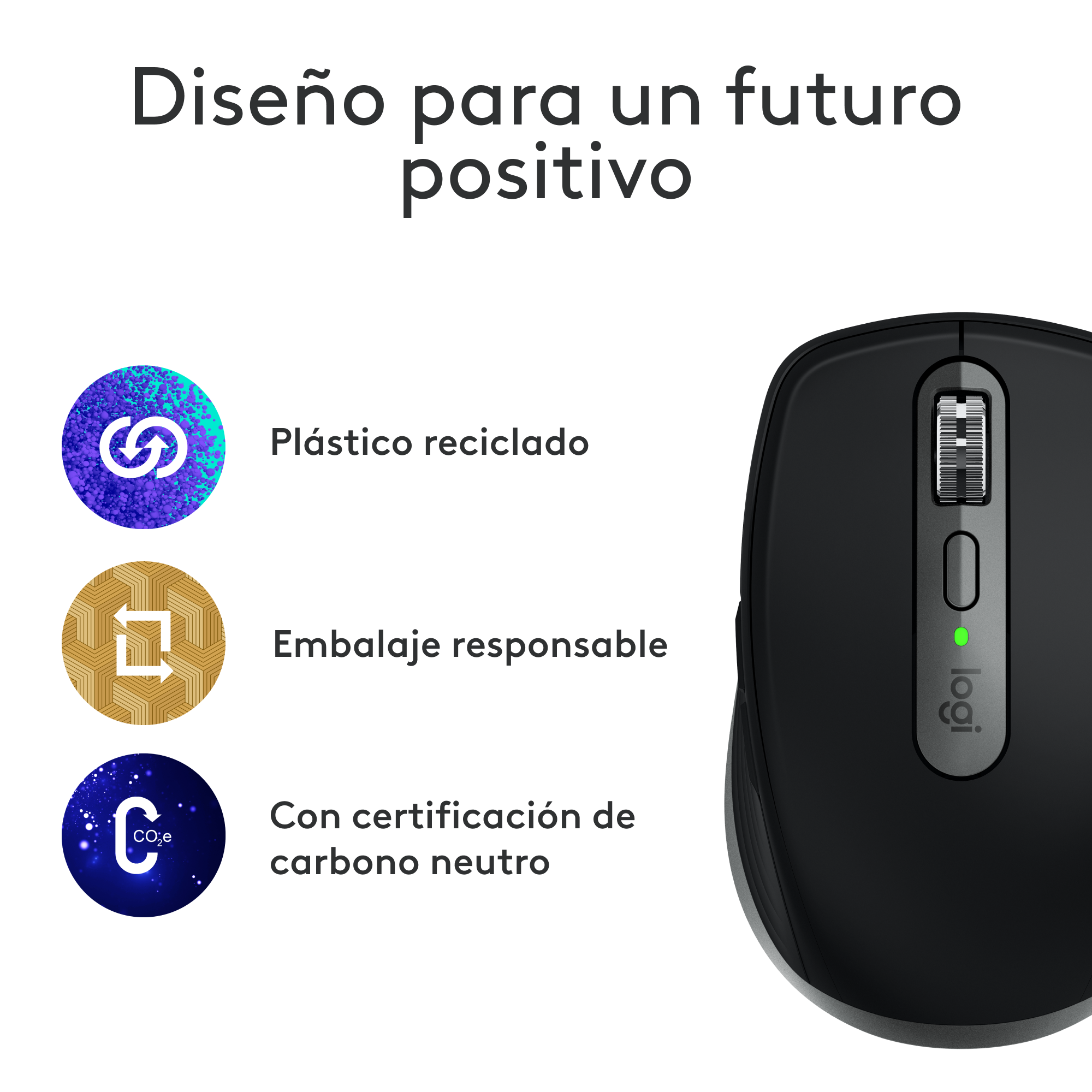Ratón de computadora negro con luz verde y texto sobre plástico reciclado.