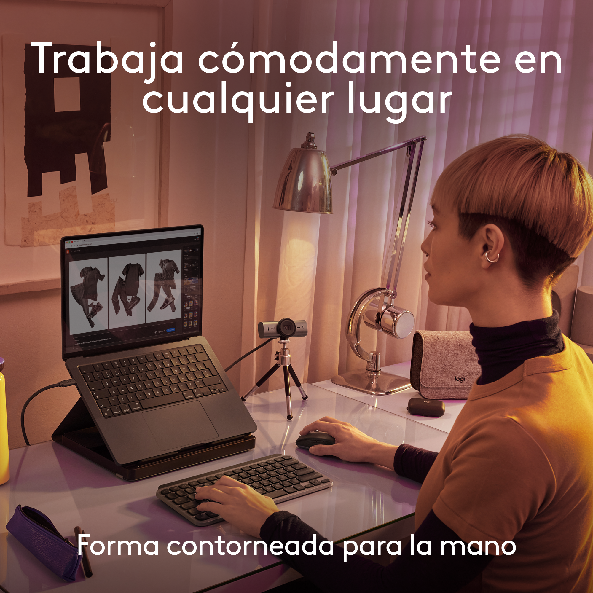 Persona trabajando en portátil con teclado y ratón. Escritorio con lámpara, diseño moderno.