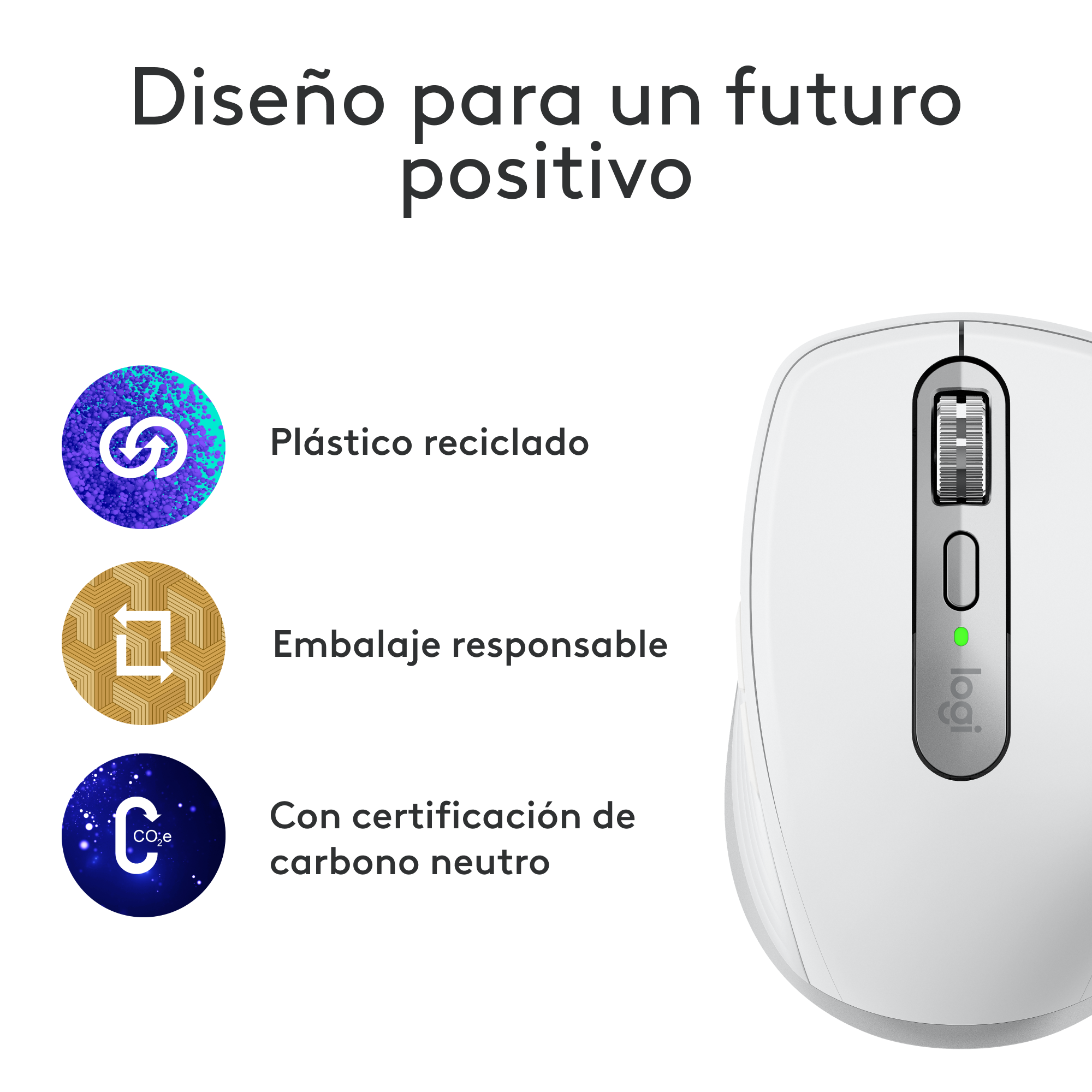 Ratón Logitech blanco con plástico reciclado y embalaje ecológico.