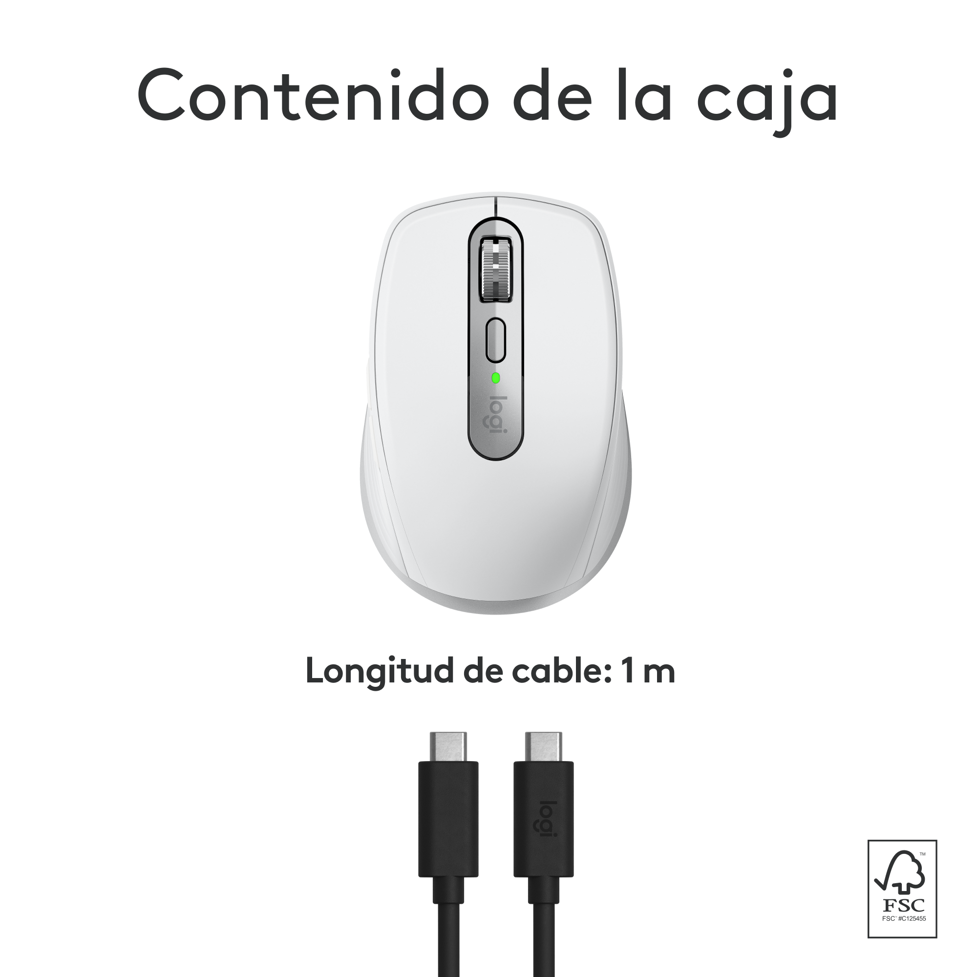Ratón Logitech blanco con cable y texto 'Contenido de la caja' y 'Longitud de cable: 1 m'.