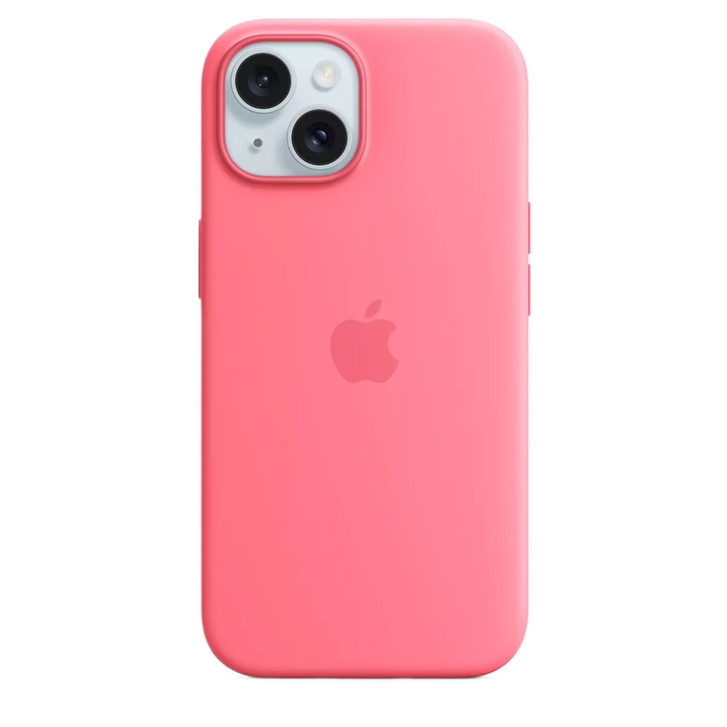 Pink iPhone 14 case with camera bump. Apple logo in the middle.