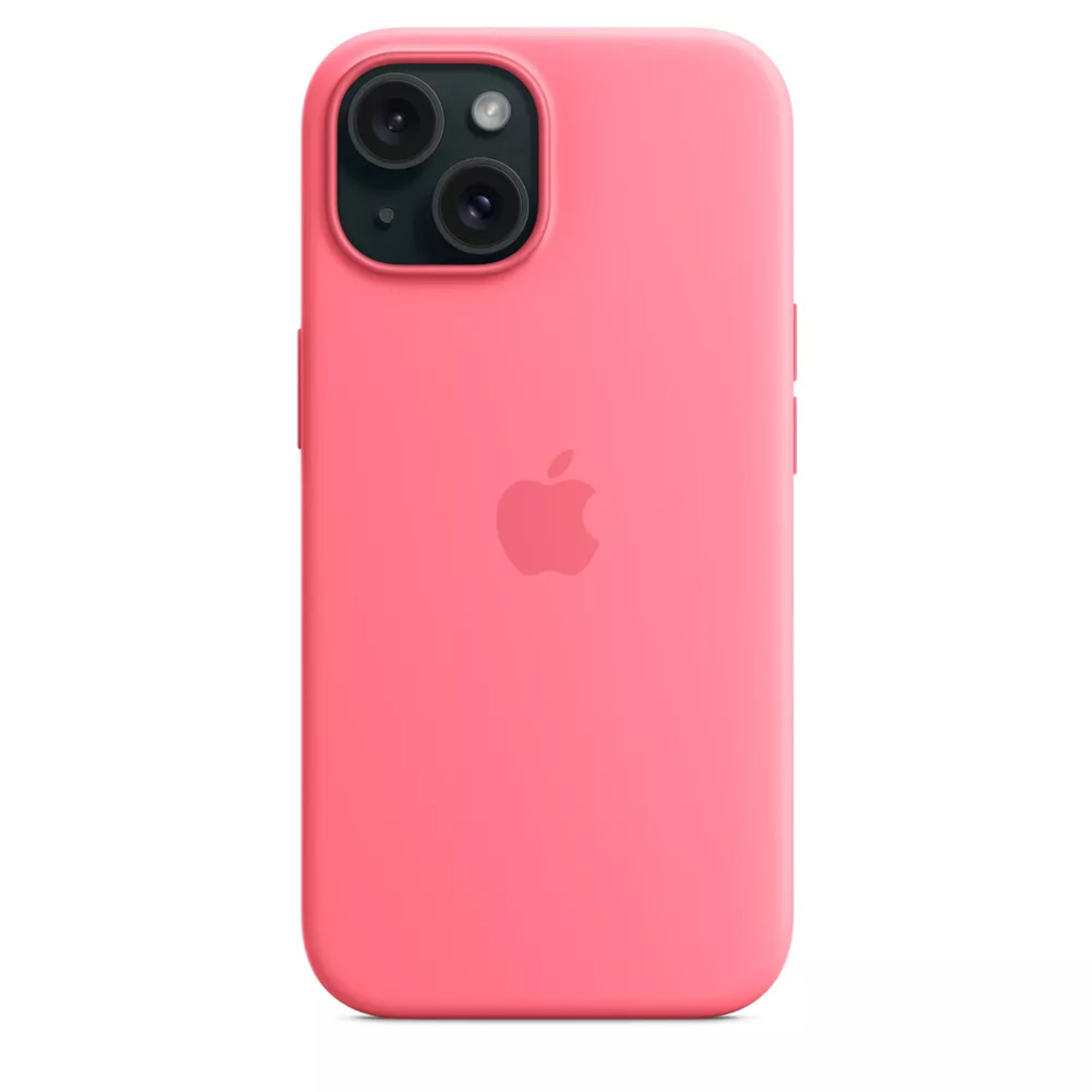 Back of a pink phone case with a camera bump and Apple logo. Clean design and bright color.