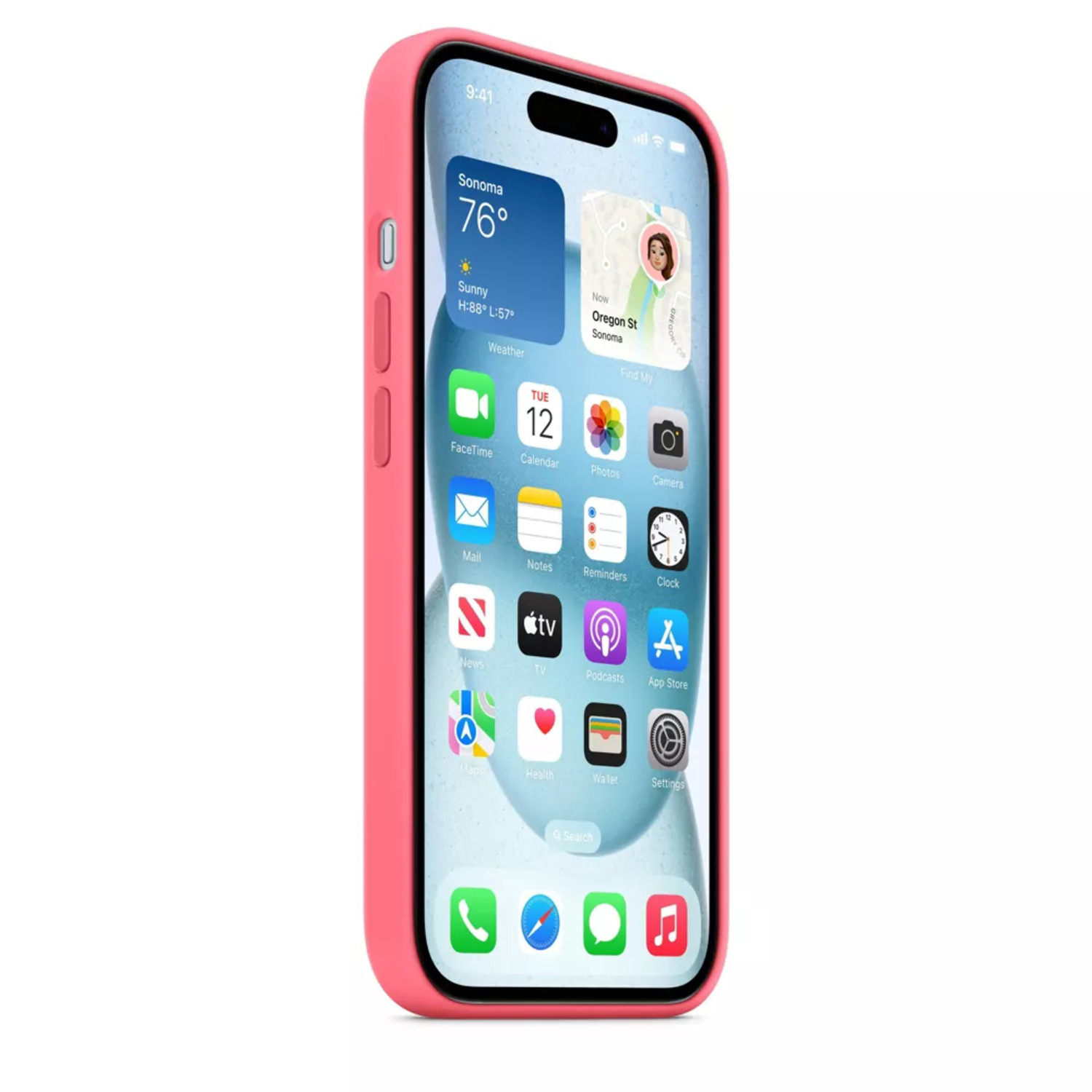 iPhone with pink case. Phone shows weather widget on the screen.