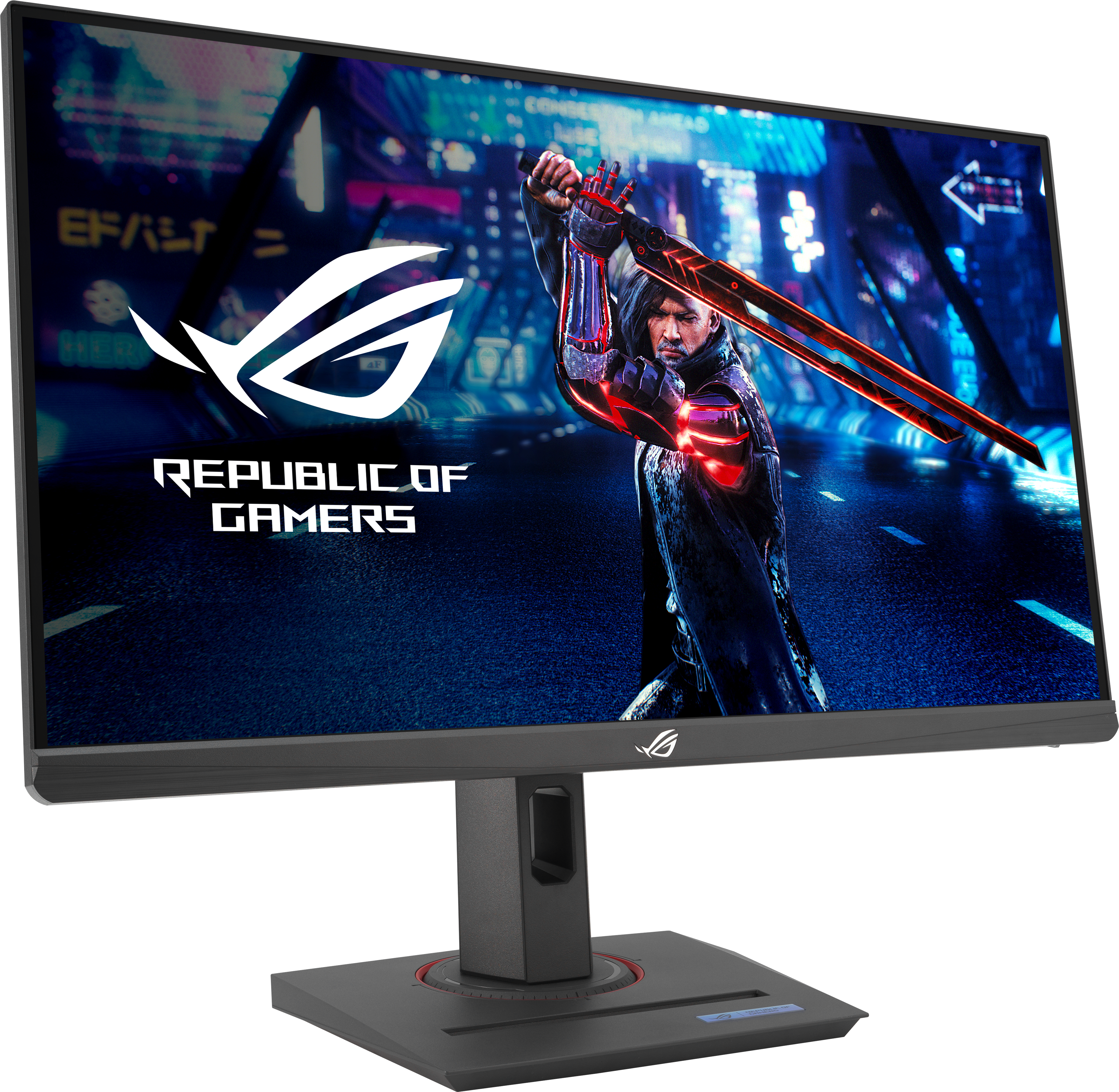 Ein ROG-Gaming-Monitor mit einem futuristischen Hintergrund auf dem Bildschirm und einem stabilen schwarzen Standfuß.