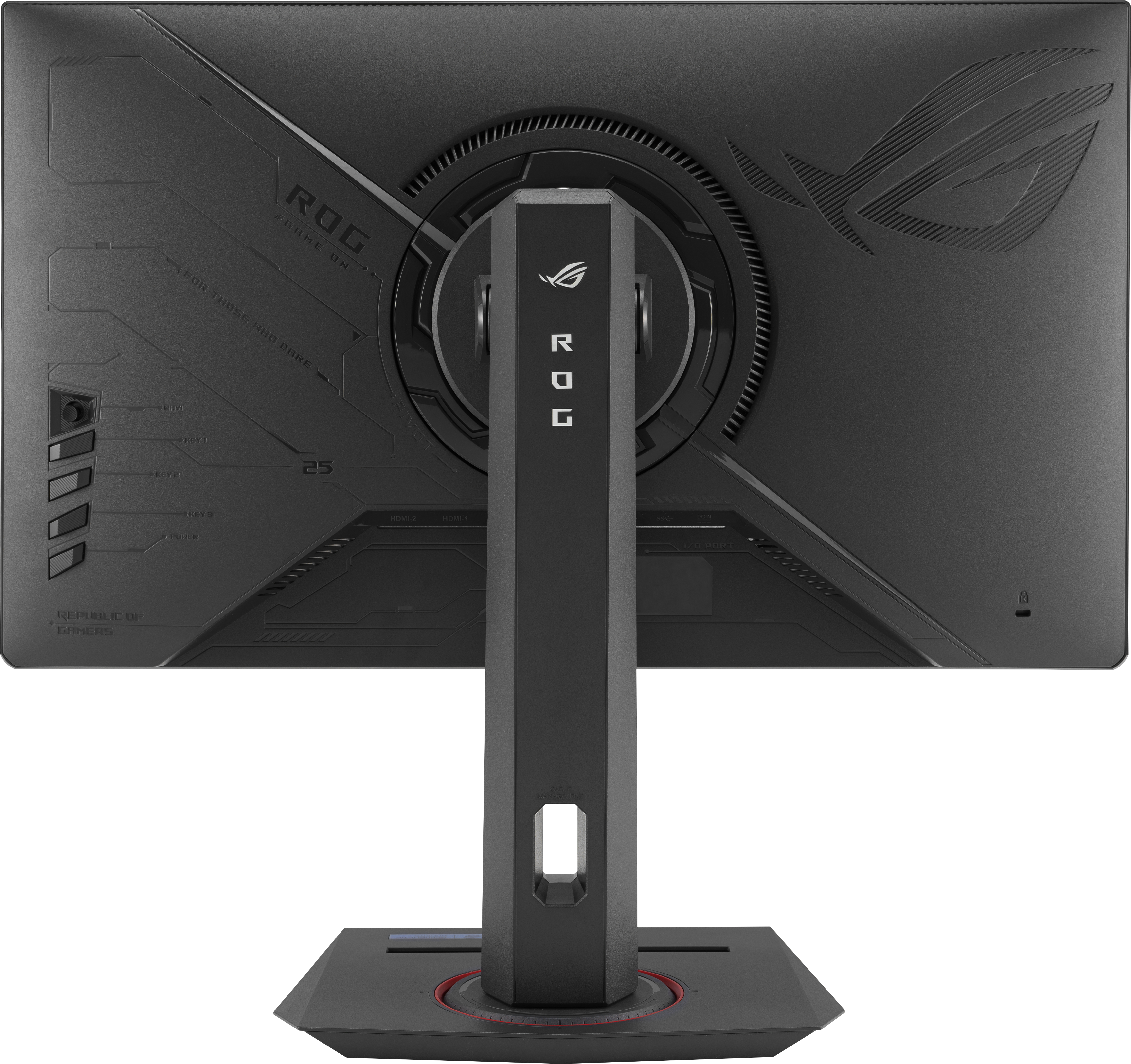 Rückansicht eines schwarzen ASUS ROG Gaming-Monitors auf einem Ständer mit Tasten, Branding und strukturiertem Design.