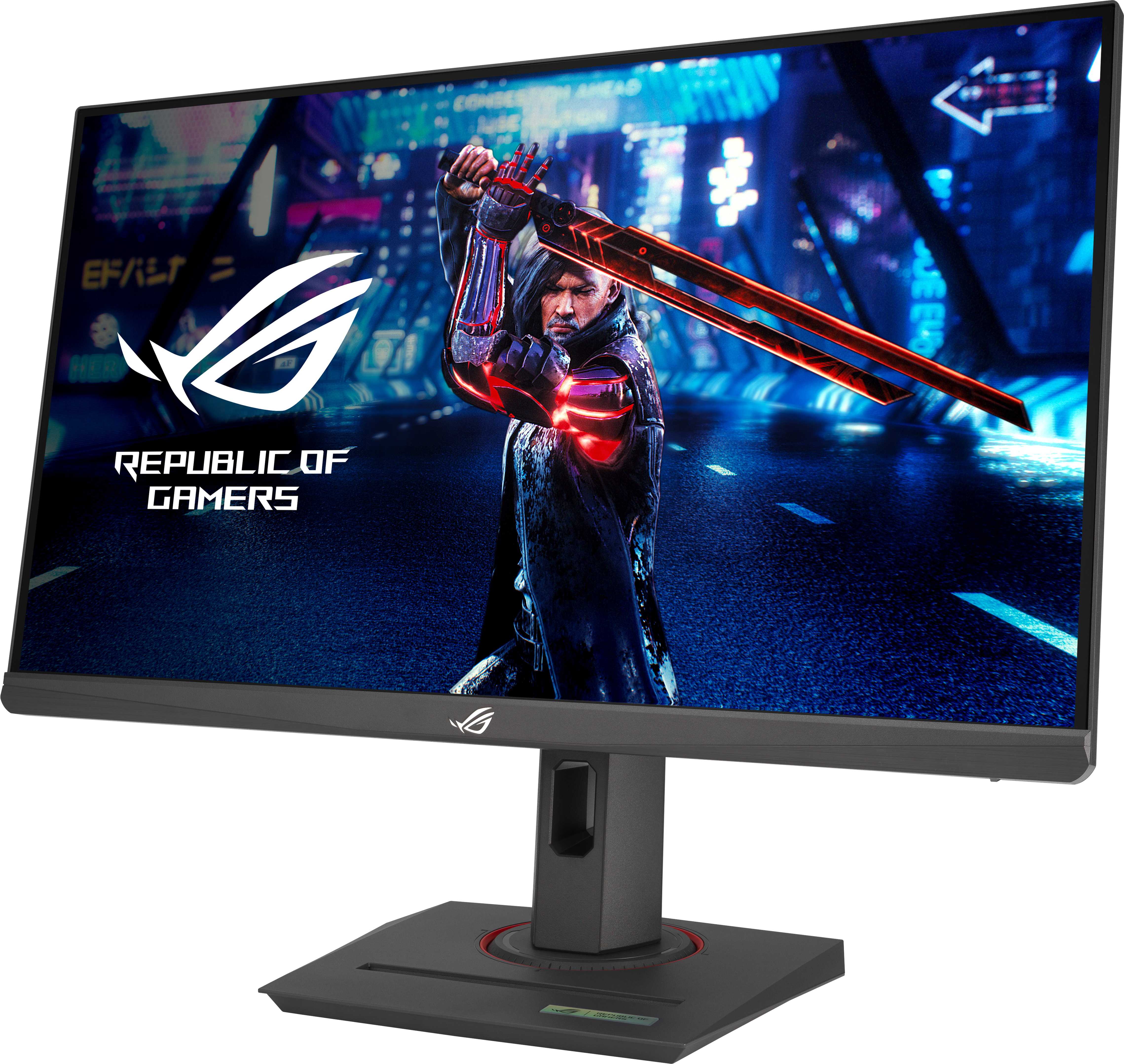 Ein ASUS ROG Gaming-Monitor zeigt ein actionreiches Spiel mit einer futuristischen Figur und rotem Schwert.