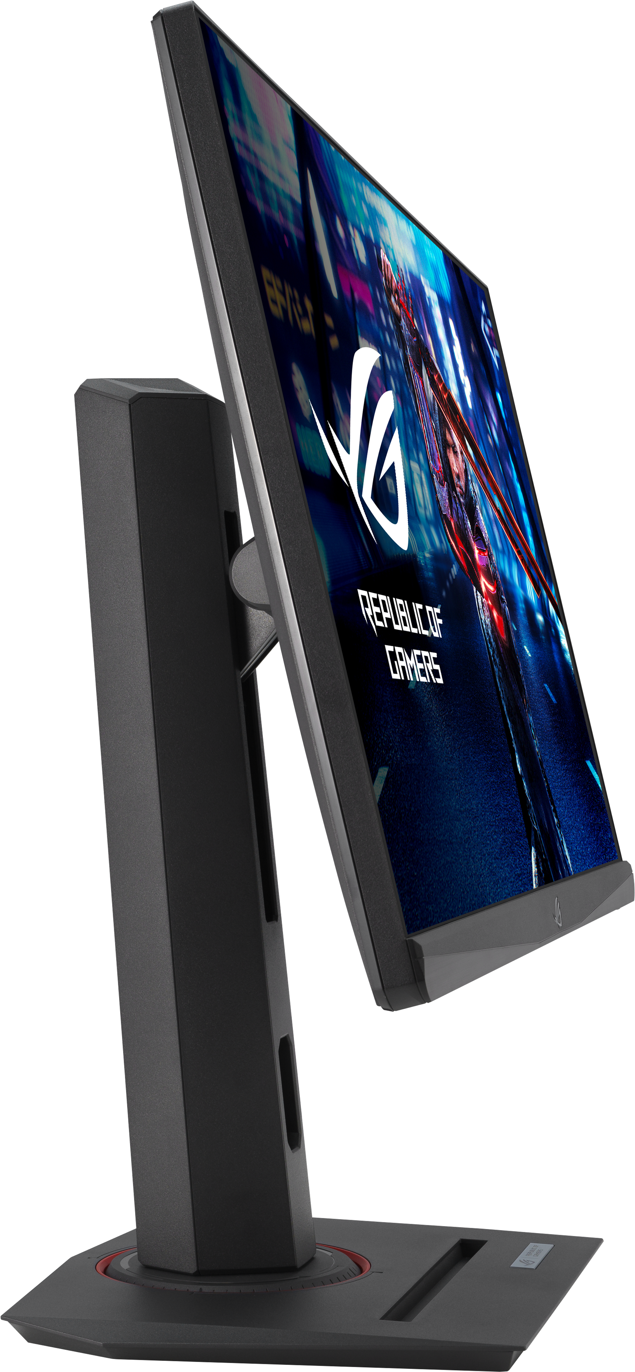 Ein schwarzer Gaming-Monitor in Seitenansicht mit dem Republic of Gamers Logo auf dem Bildschirm.