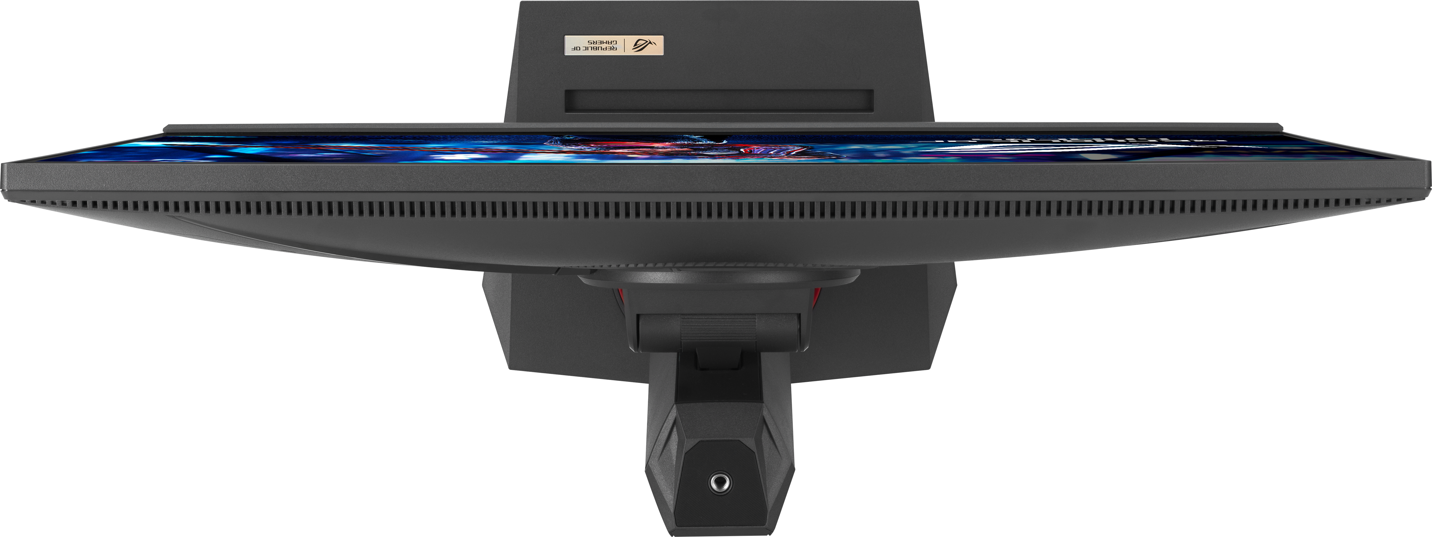 Unterseite eines schwarzen Monitors mit Ständer und Republic of Gamers Logo auf einem Ständer.