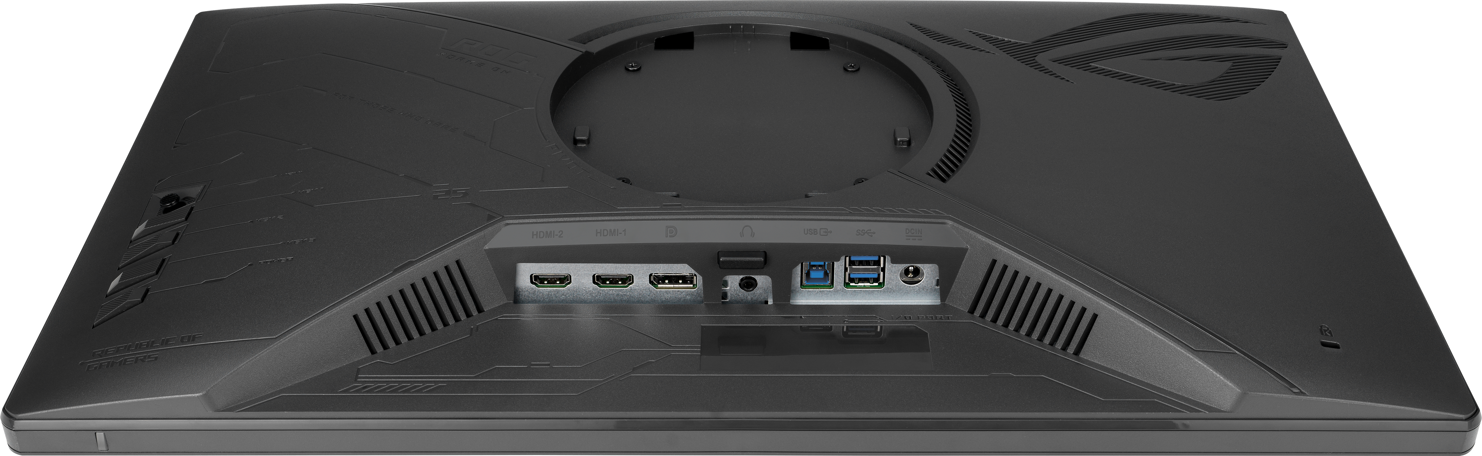Schwarze Monitorrückseite mit HDMI-, DisplayPort-, Audio-, USB-Anschlüssen und VESA-Halterung.