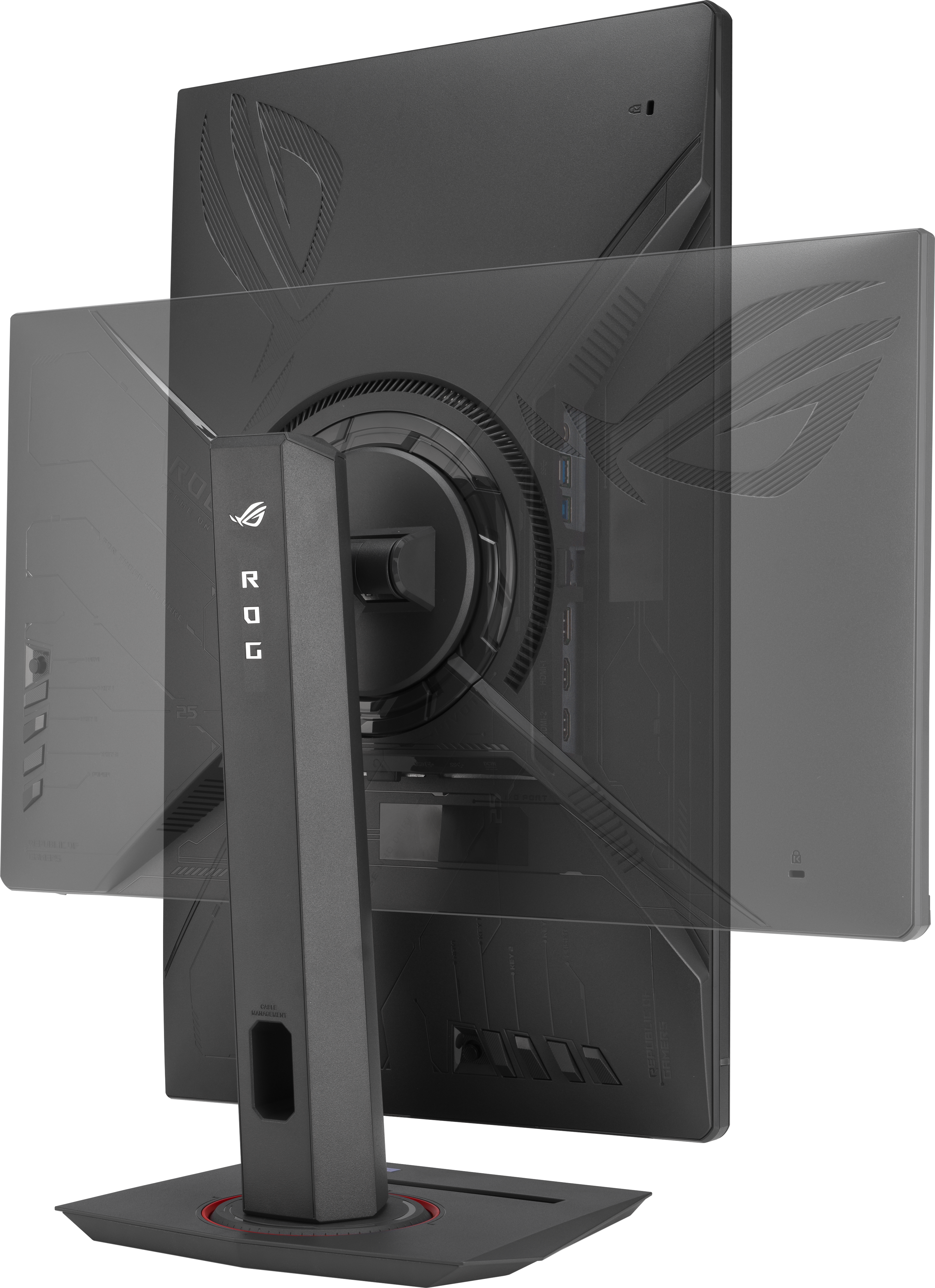 Schwarzer ASUS ROG Gaming-Monitor von hinten, mit verstellbarem Standfuß und ergonomischer Drehfunktion.