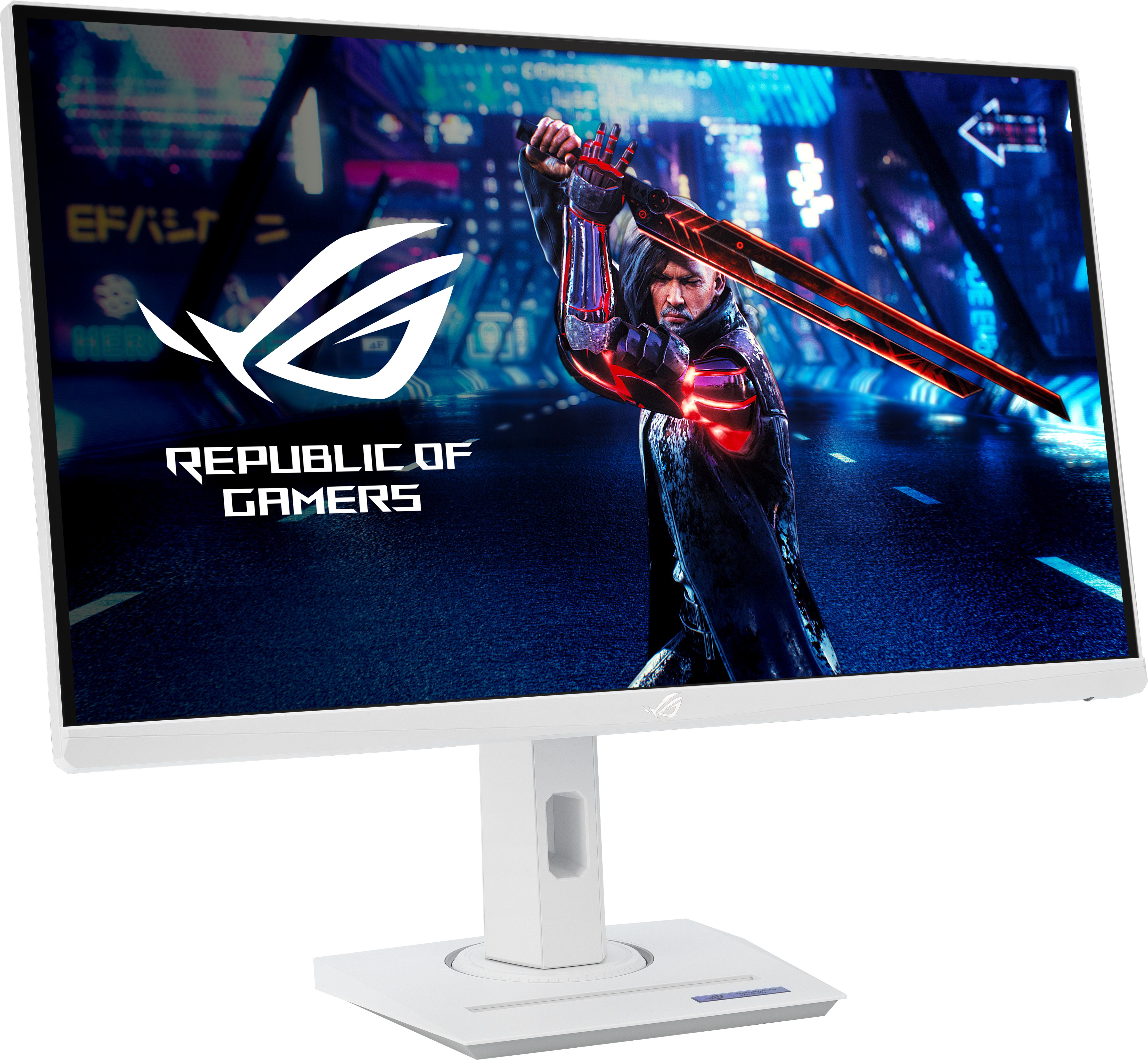 Un moniteur de jeu avec un guerrier et une épée sur fond bleu, cadre blanc.