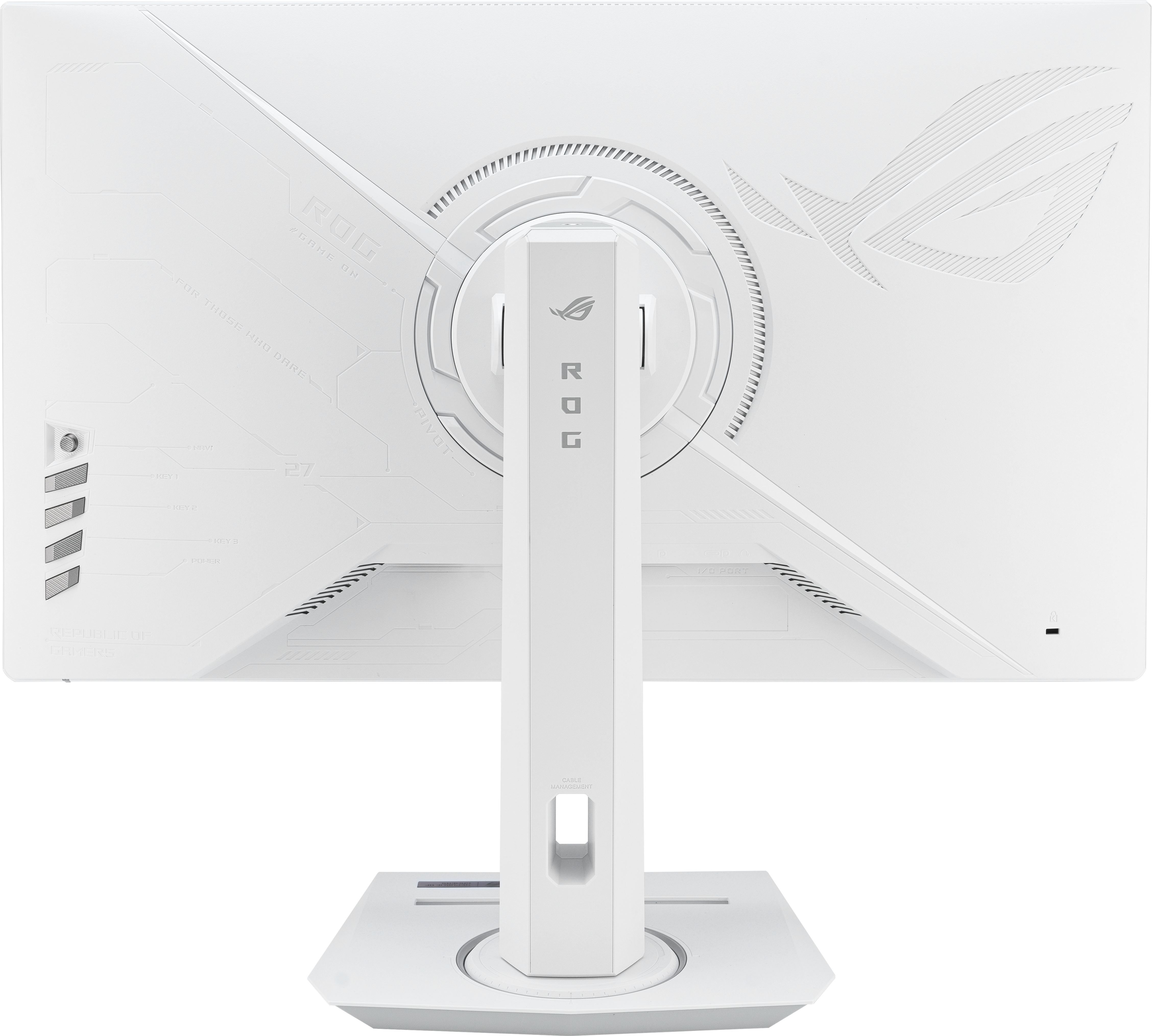 Arrière de moniteur blanc avec logo ROG. Le pied est blanc. Beaucoup de trous et de courbes.