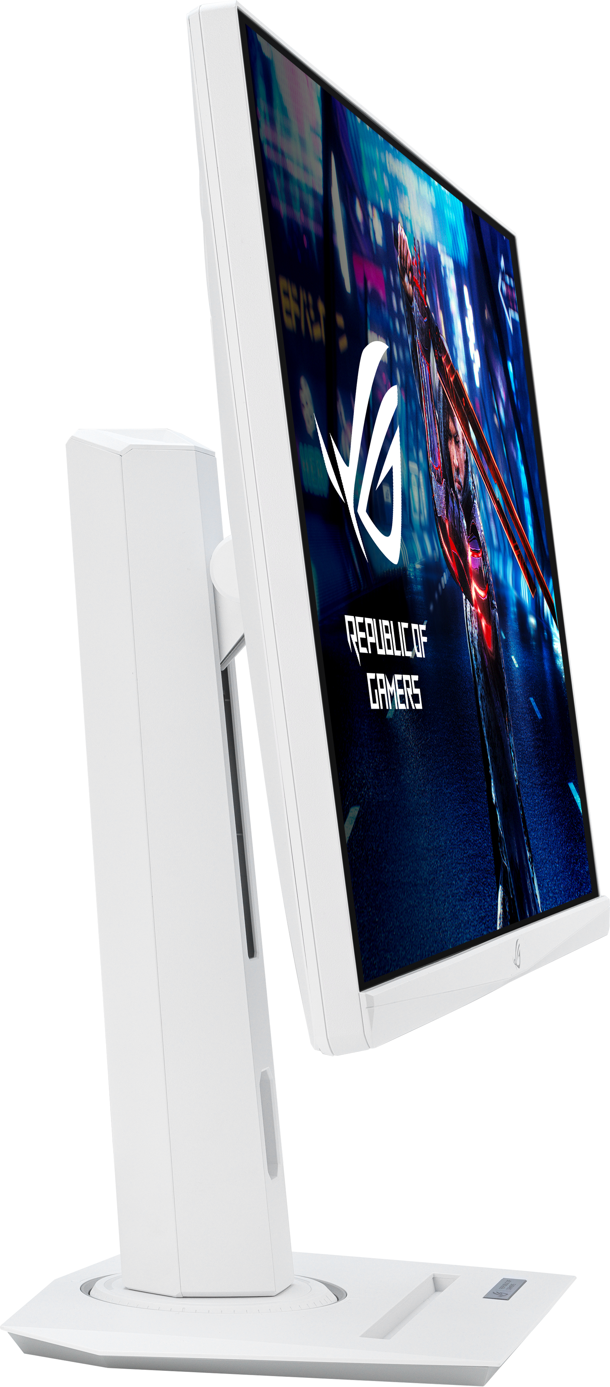 Un moniteur d'ordinateur blanc avec un support. L'écran affiche une image d'une ville la nuit.