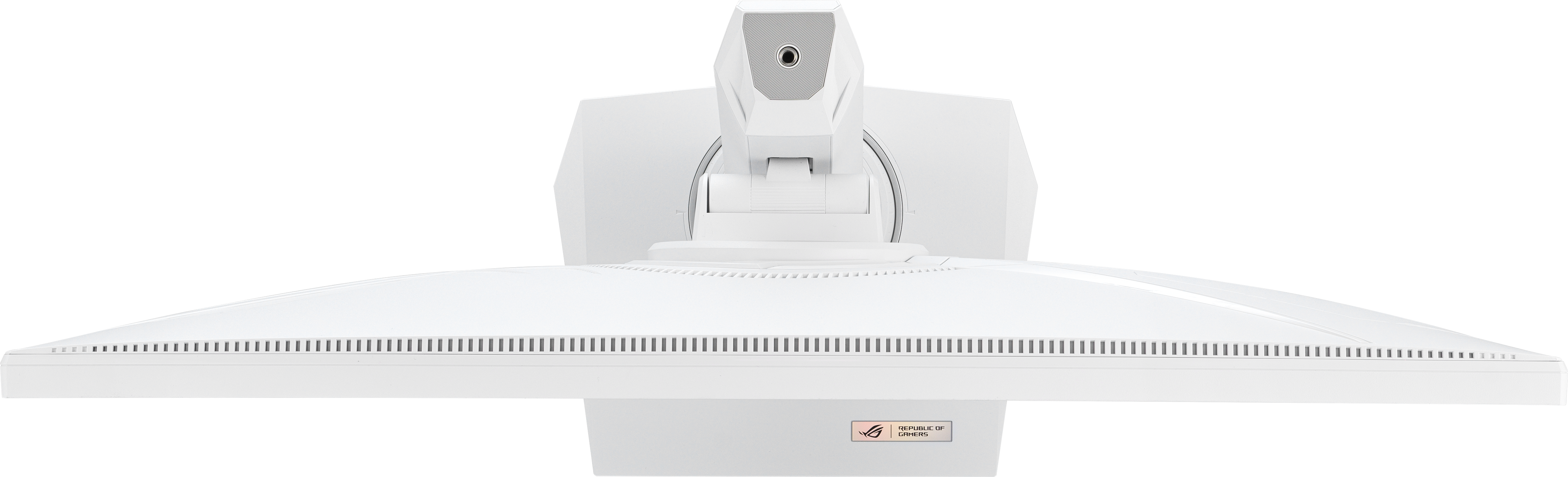 Moniteur d'ordinateur blanc, vue de dessus, avec caméra et base large.