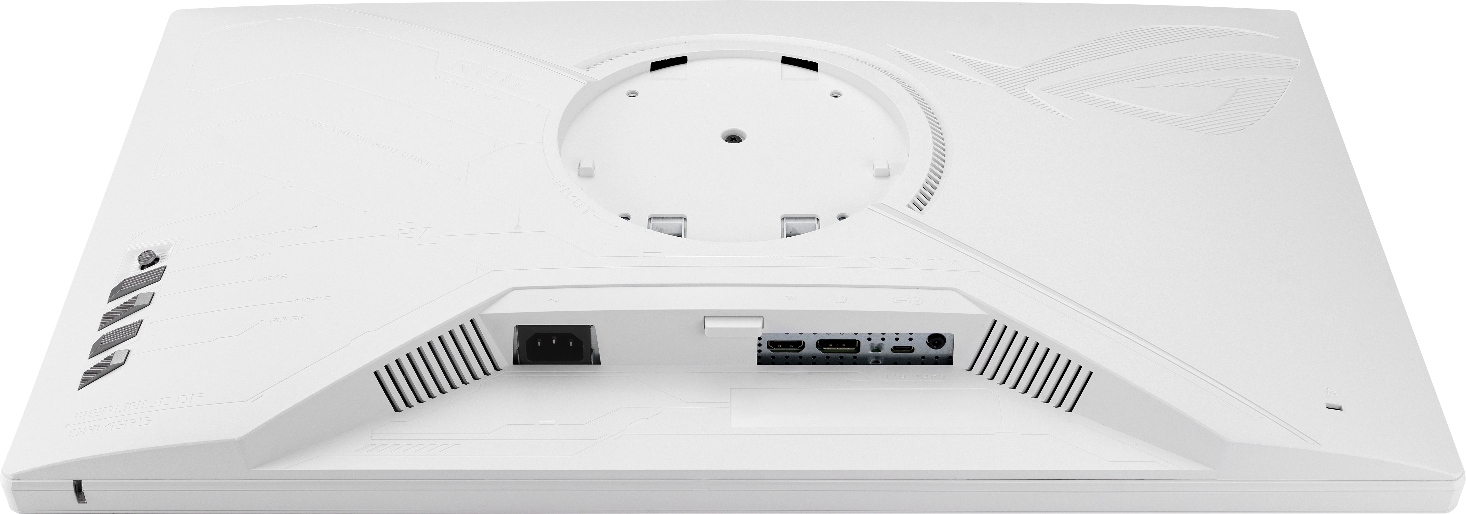 Arrière d'un moniteur d'ordinateur blanc avec ports, entrée d'alimentation et le logo ROG.