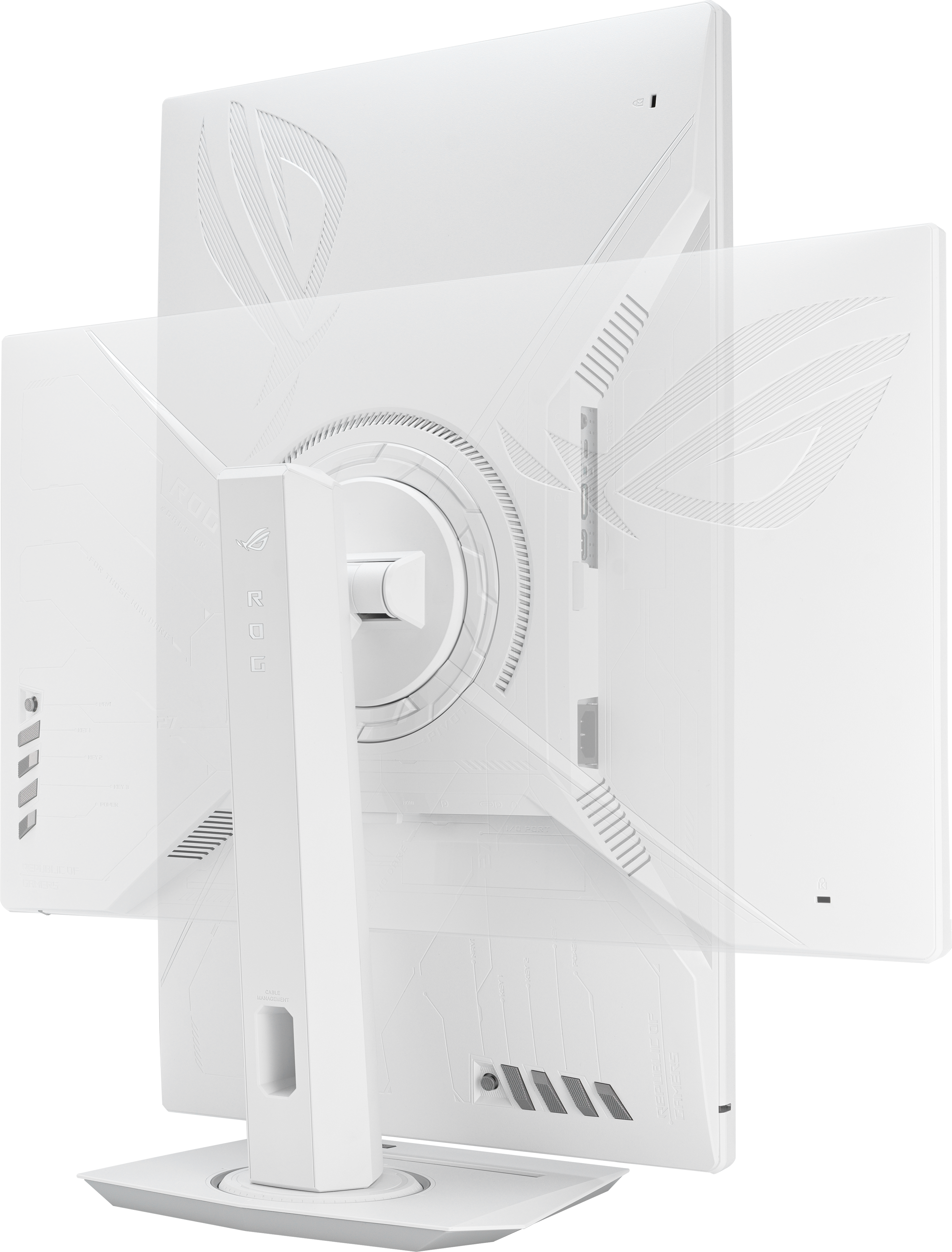 L'arrière d'un moniteur blanc avec support. Il a un design unique avec des évents et des logos.