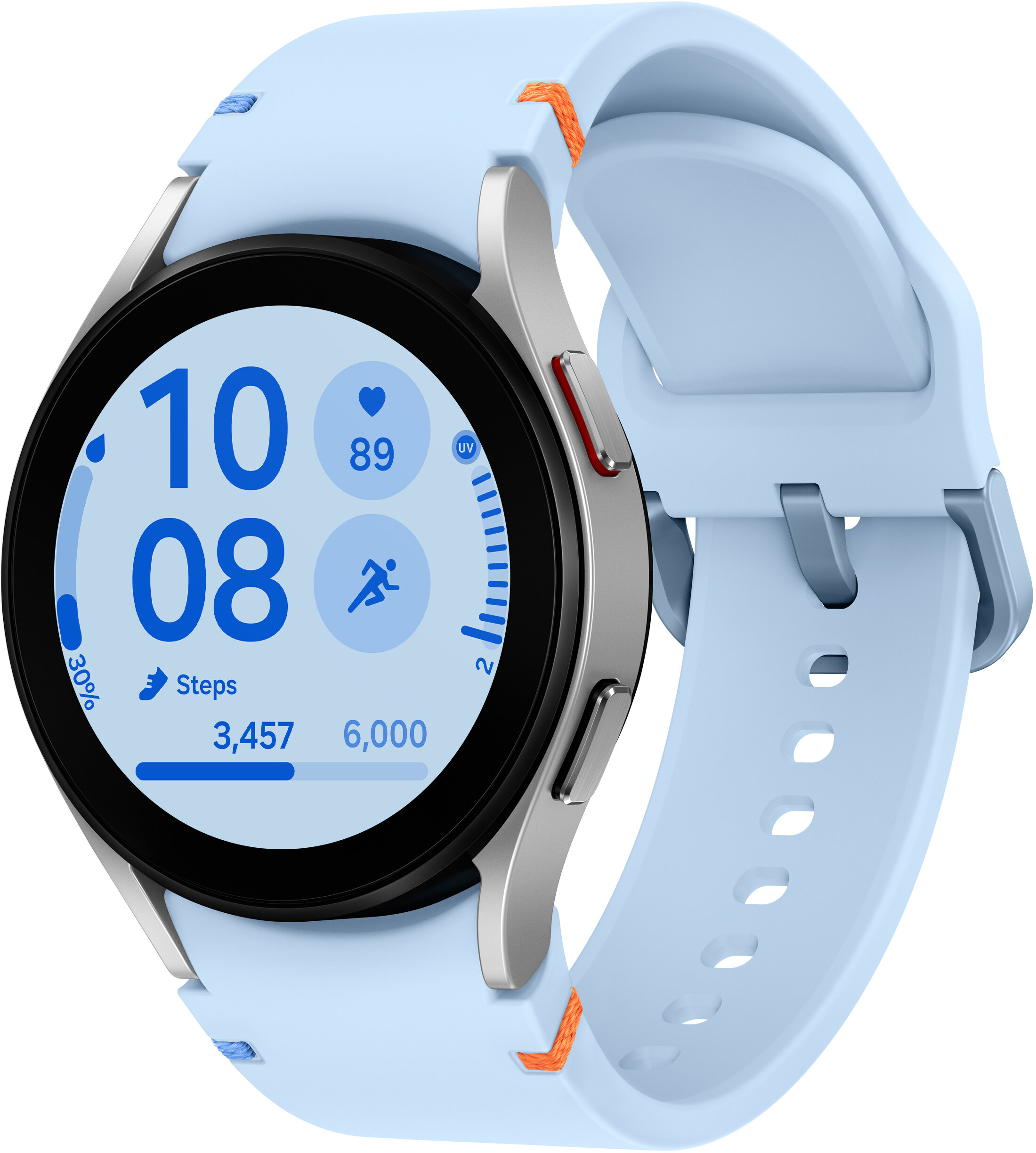 Jasnoniebieski smartwatch z czarnym wyświetlaczem, srebrną ramką i niebieskim paskiem z pomarańczowymi akcentami.