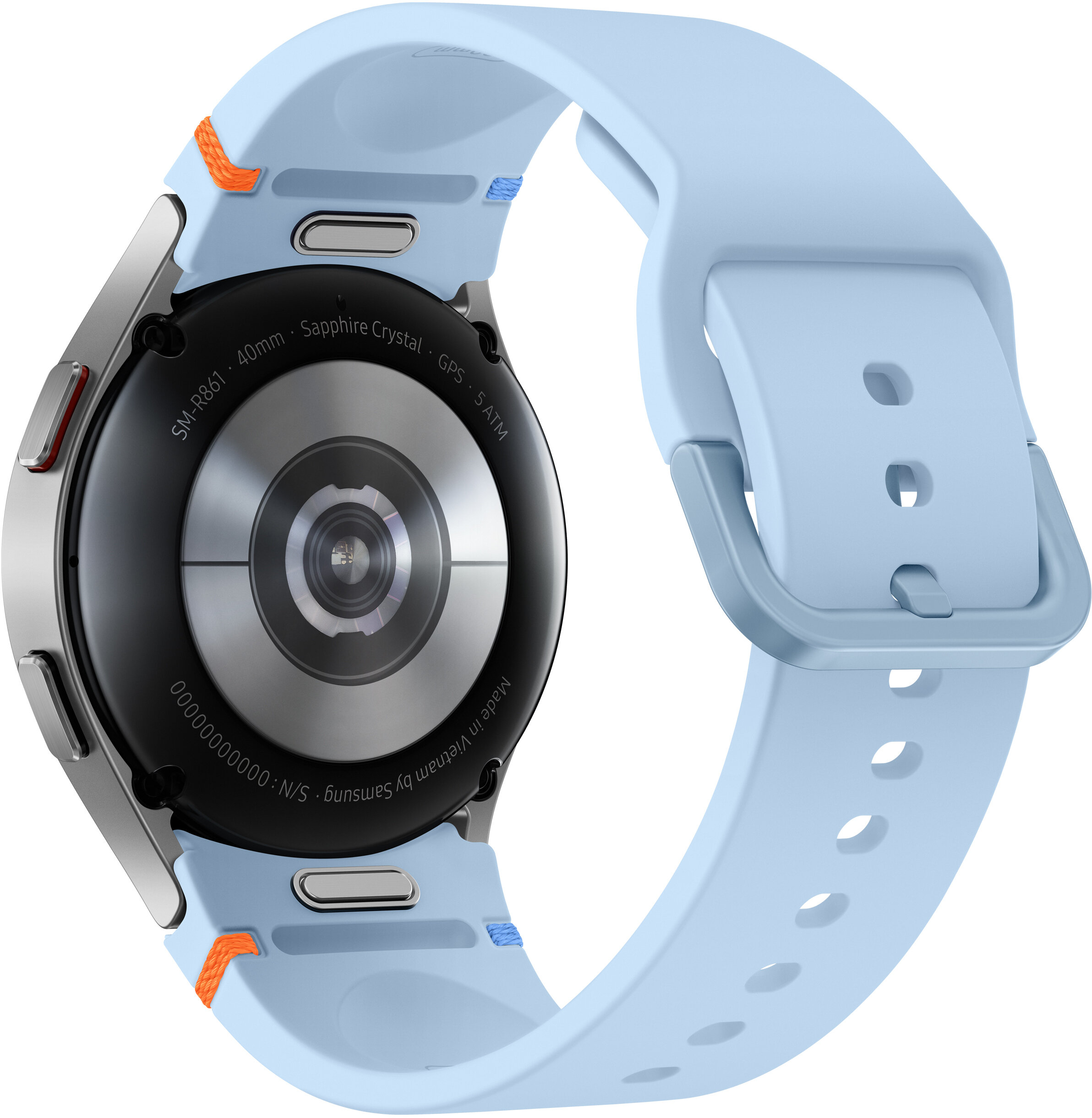 Jasnoniebieski smartwatch ze srebrną ramką i jasnoniebieskim paskiem.