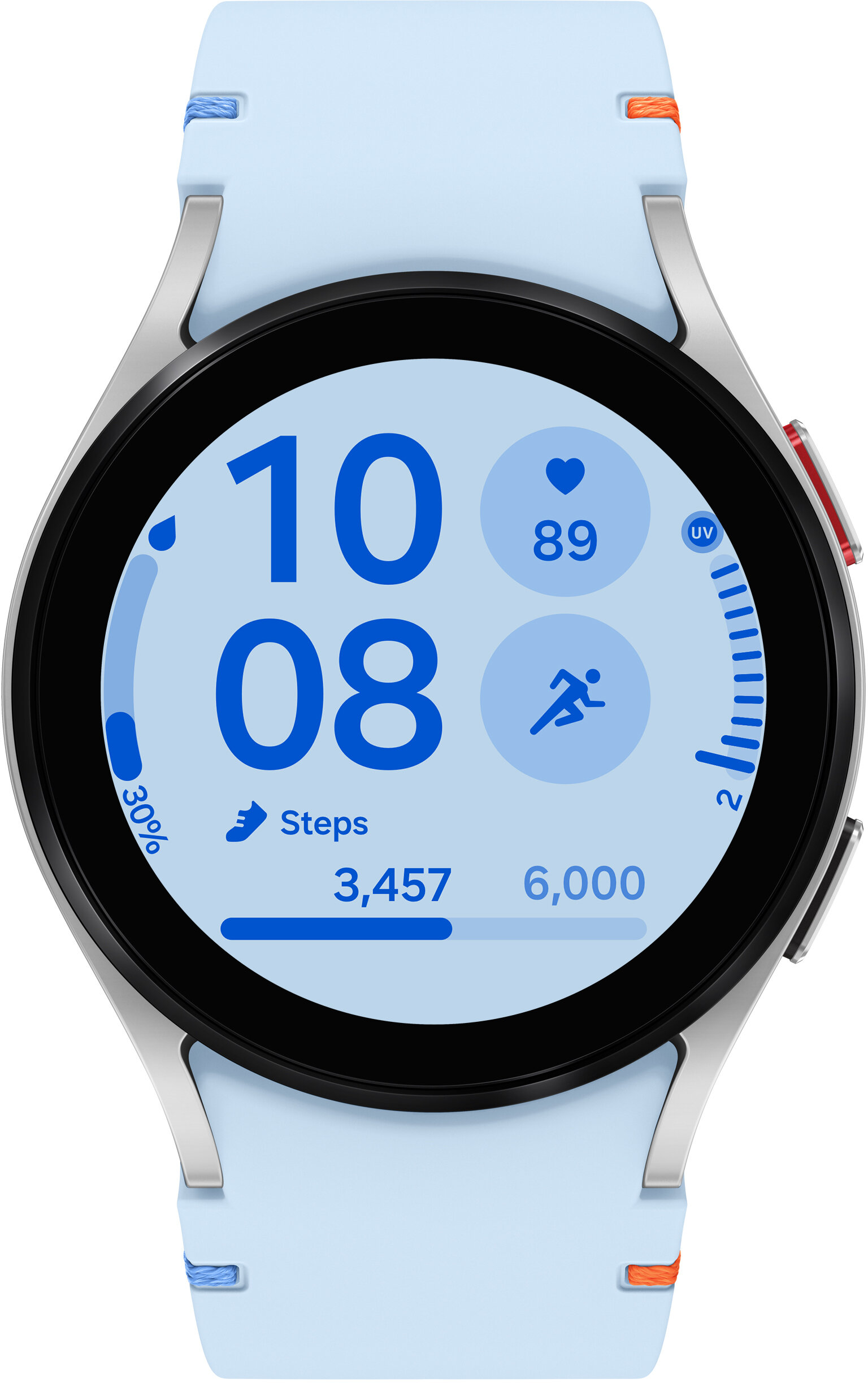 Smartwatch z jasnoniebieskim paskiem. Ekran wyświetla godzinę, tętno i kroki.