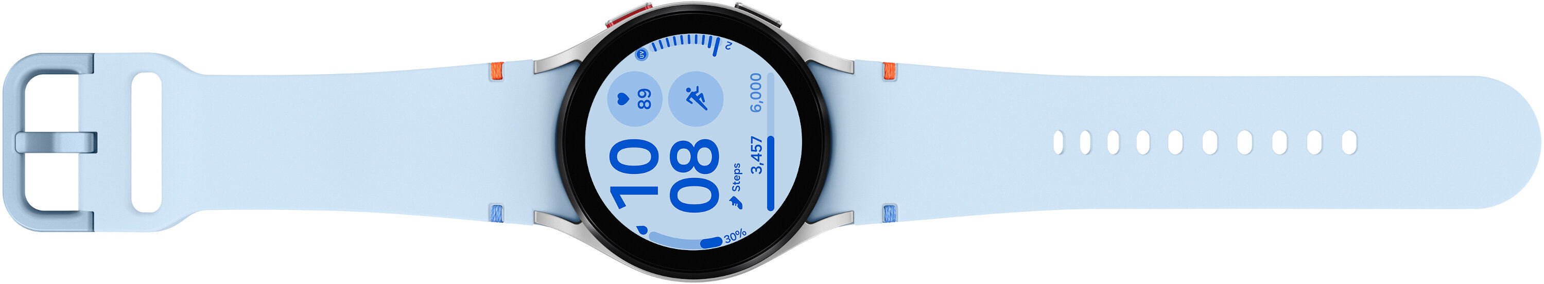 Jasnoniebieski smartwatch z wyświetlaczem pokazującym czas, kroki i tętno.