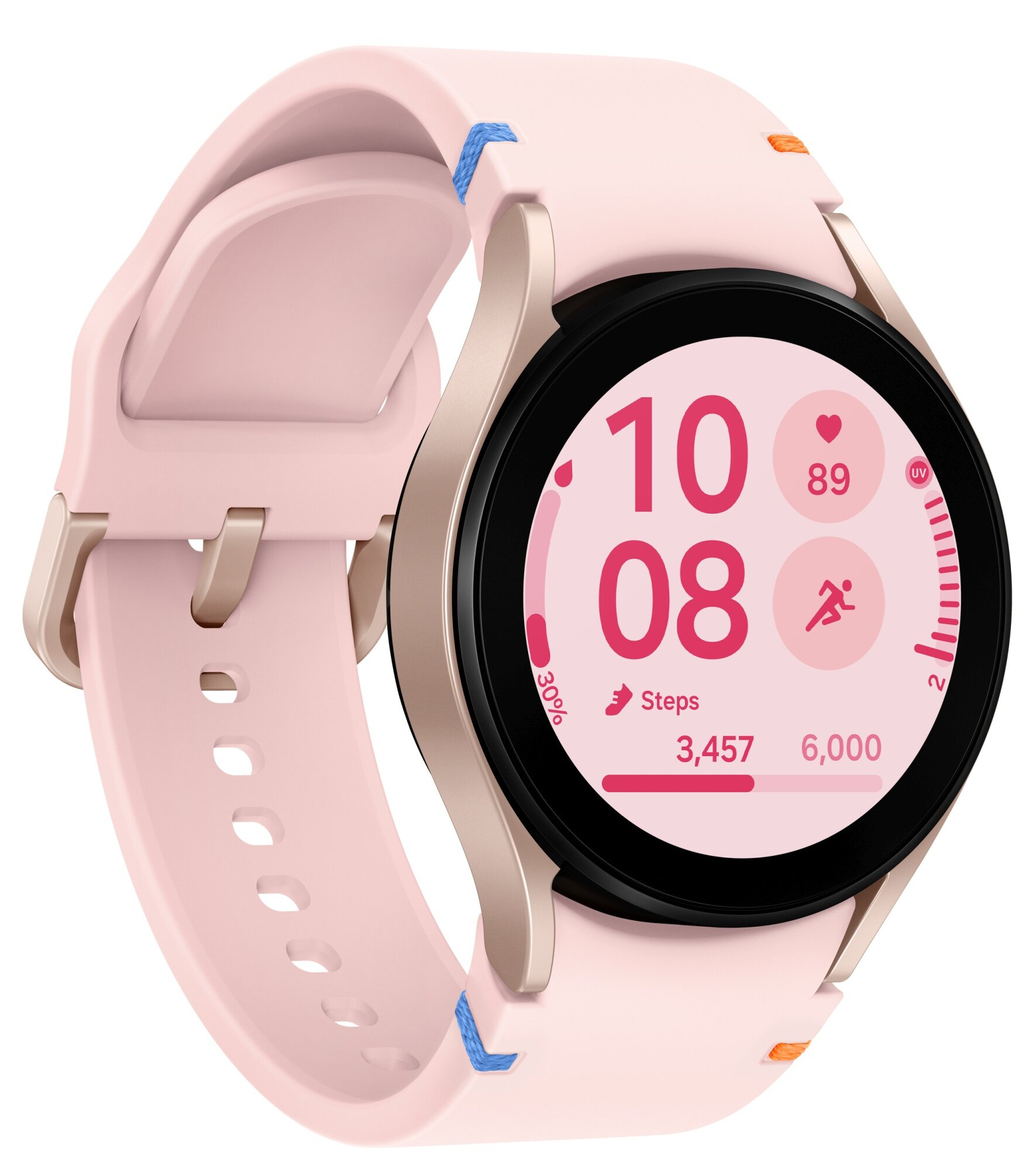 Różowy smartwatch wyświetla czas, kroki i tętno. Złota obudowa i różowy pasek.