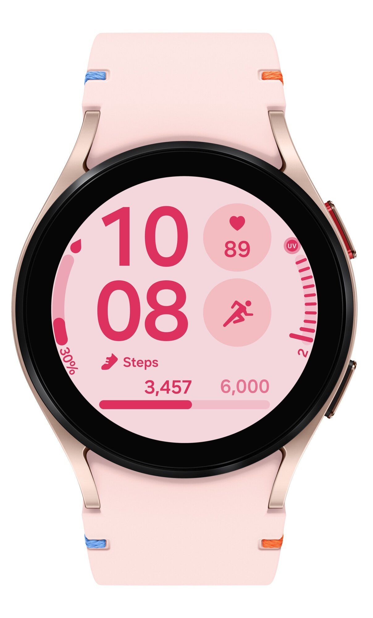 Różowy smartwatch z okrągłą tarczą, wyświetlający czas, tętno, kroki i postępy.