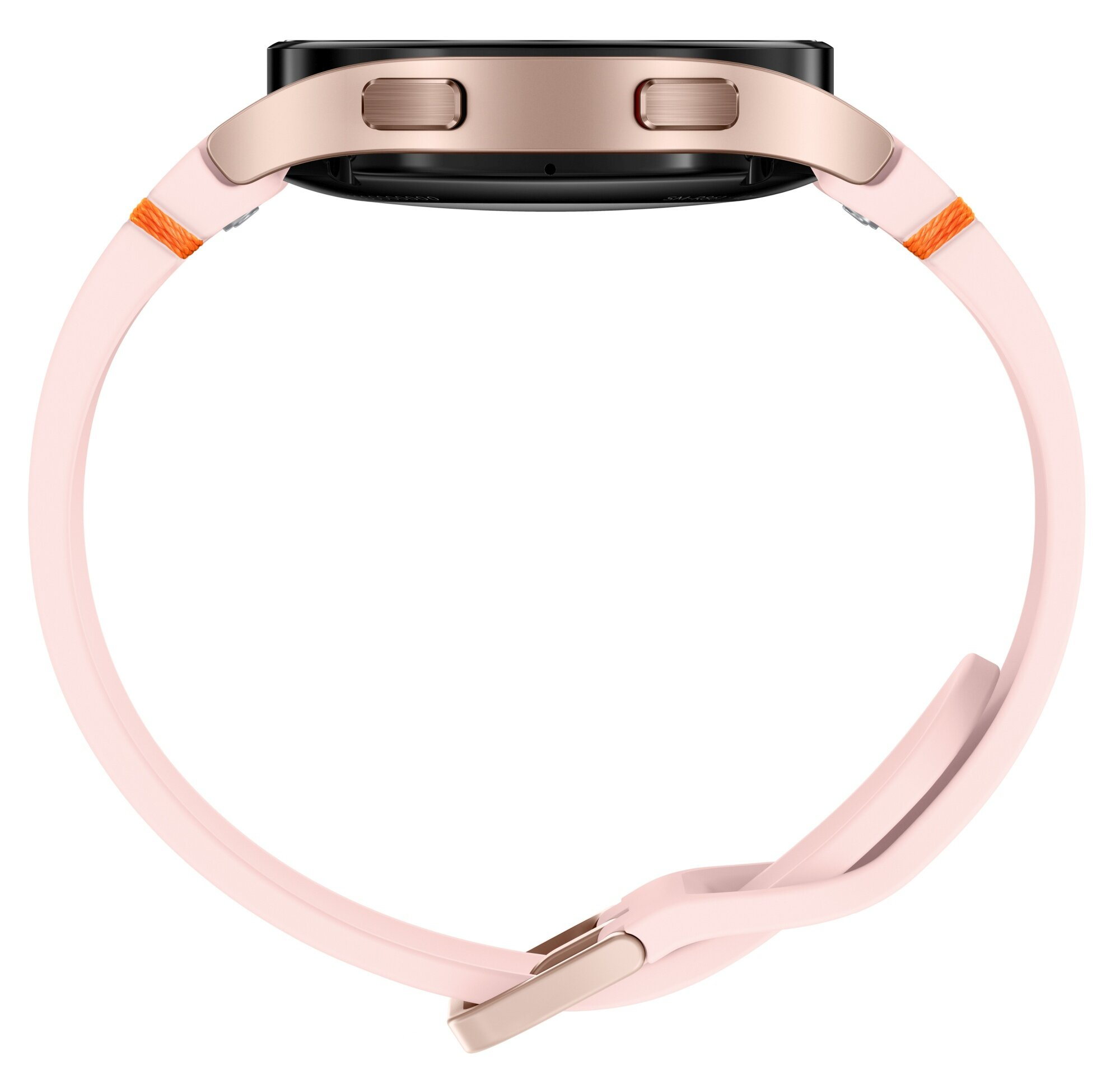 Różowy smartwatch z różowym paskiem, bok zegarka ma dwa przyciski. Złote zapięcie.