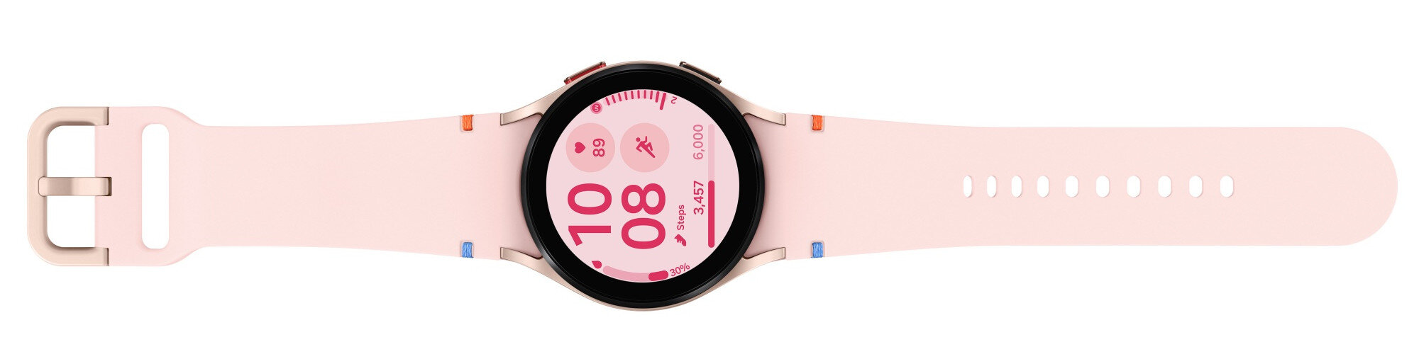 Różowy smartwatch pokazujący czas, tętno i kroki, na białym tle.