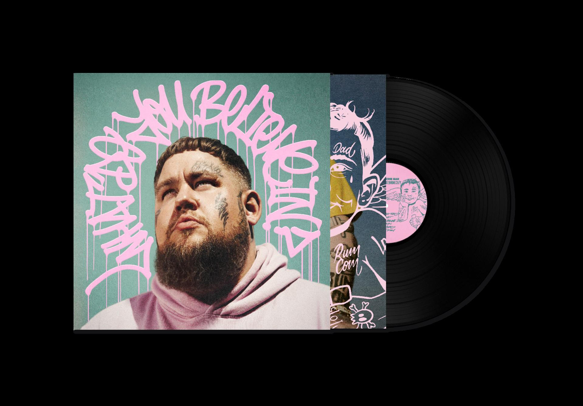 Albumcover mit einem Mann, Albumtitel und einer Vinylplatte auf schwarzem Hintergrund.