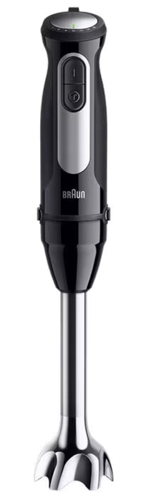 Czarny i srebrny blender ręczny Braun, stojący pionowo.