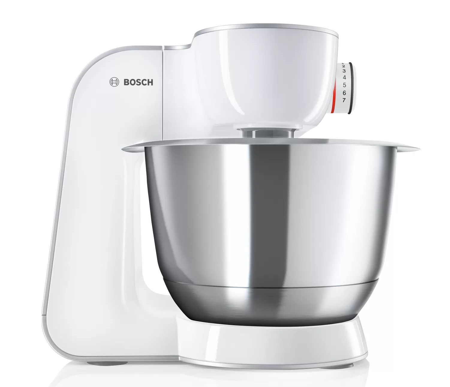 Biały mikser kuchenny ze stalową misą i pokrętłem prędkości.