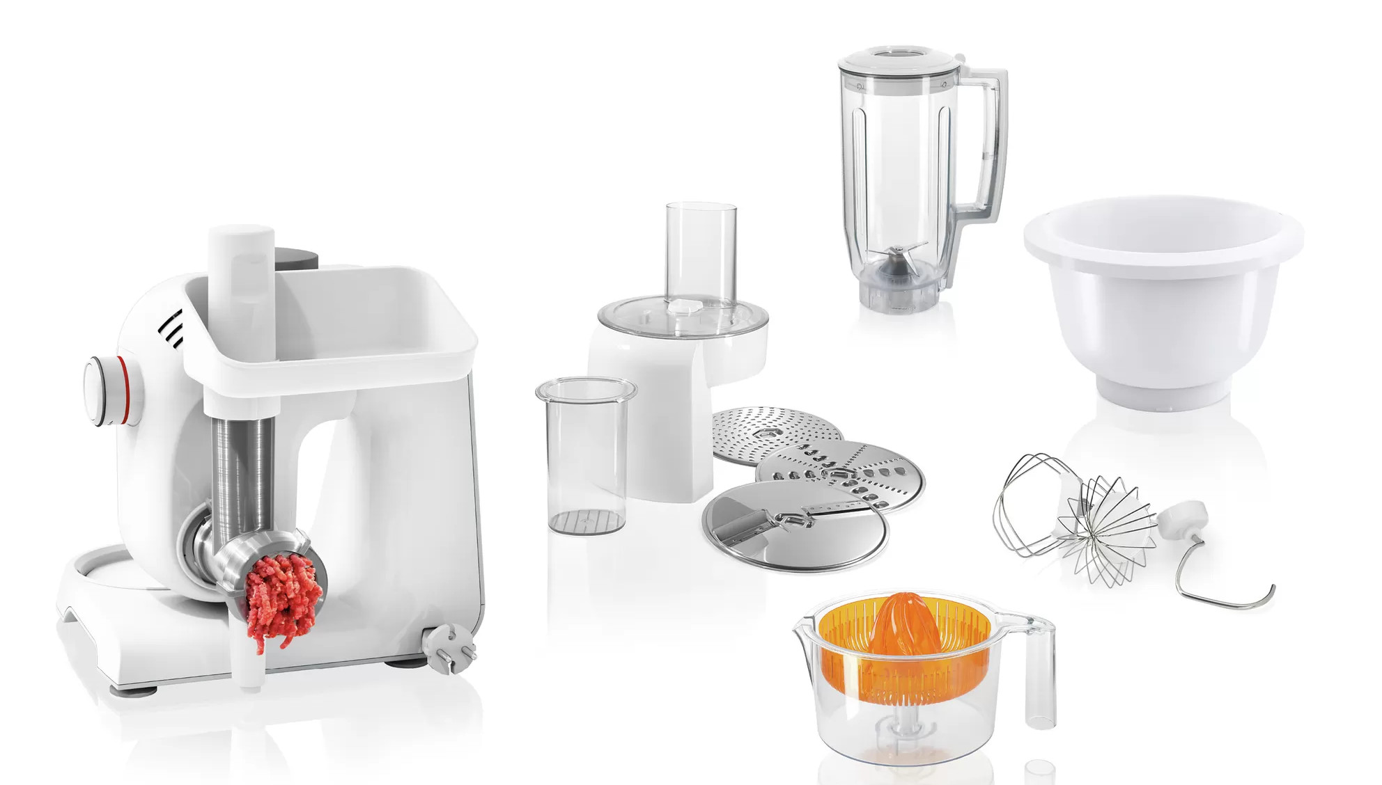 Białe urządzenie kuchenne z wieloma przystawkami, w tym maszynką do mięsa i blenderem.