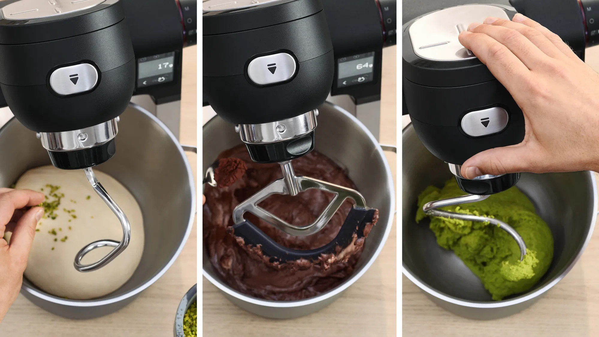 Trzy obrazy miksera mieszającego ciasto i składniki.