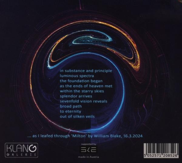 Rückseite einer CD mit farbenfrohen, abstrakten Kunstwerken und Songtexten. Die CD wird von SKL unterstützt.