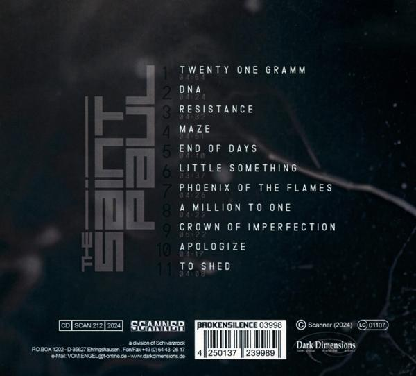 Rückseite der CD mit Songtiteln und Details. Weißer Hintergrund.