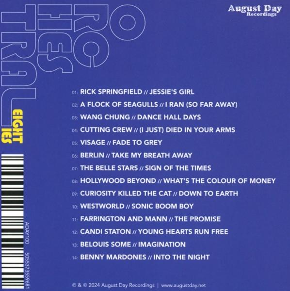 Albumcover mit einer Liste von Songs und Künstlern. 'Eighties' in großem Text.
