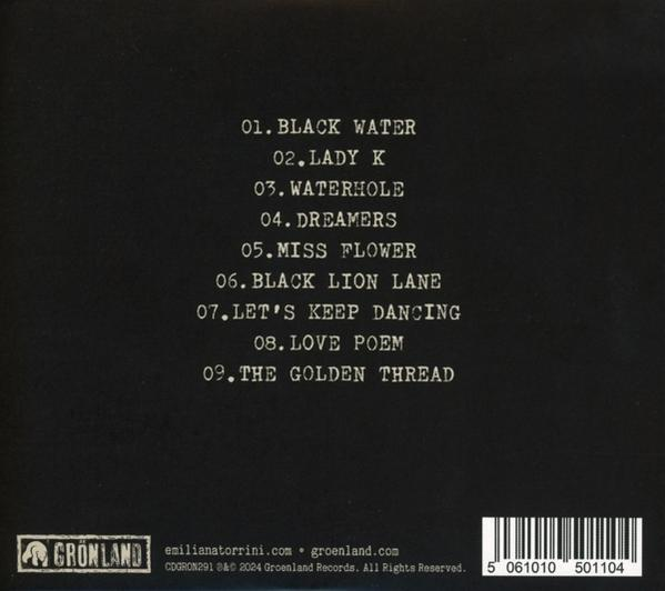 Rückseite einer CD, mit schwarzem Hintergrund, Titelliste und Künstler- und Label-Informationen.