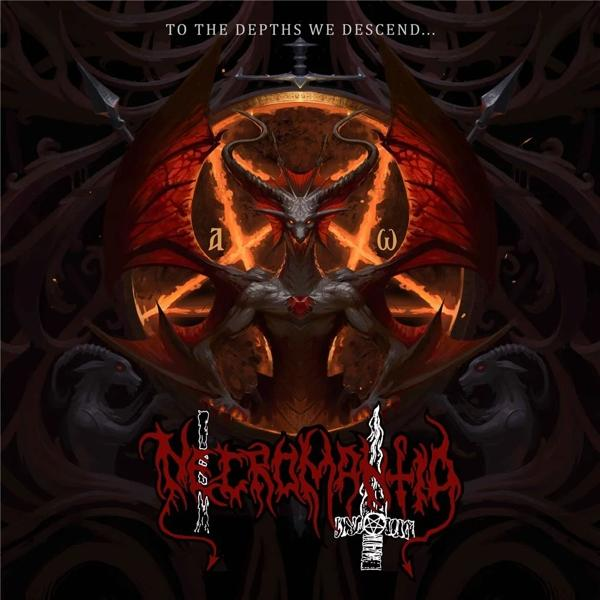 Albumcover: Dämon mit Hörnern, ein Kreuz und der Text 'NECROMANTIA'.