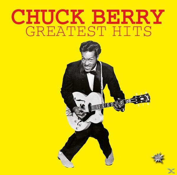 Albumcover mit Chuck Berry, der Gitarre spielt, auf gelbem Hintergrund. Text: Greatest Hits.