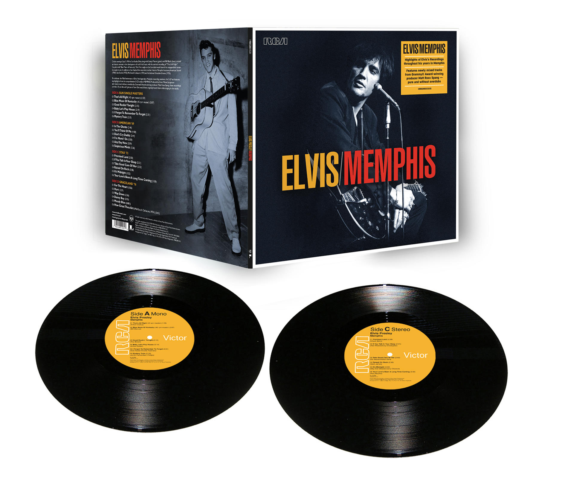 Elvis Presley Albumcover: Elvis im schwarzen Anzug, Albumtitel, Trackliste und zwei Schallplatten.