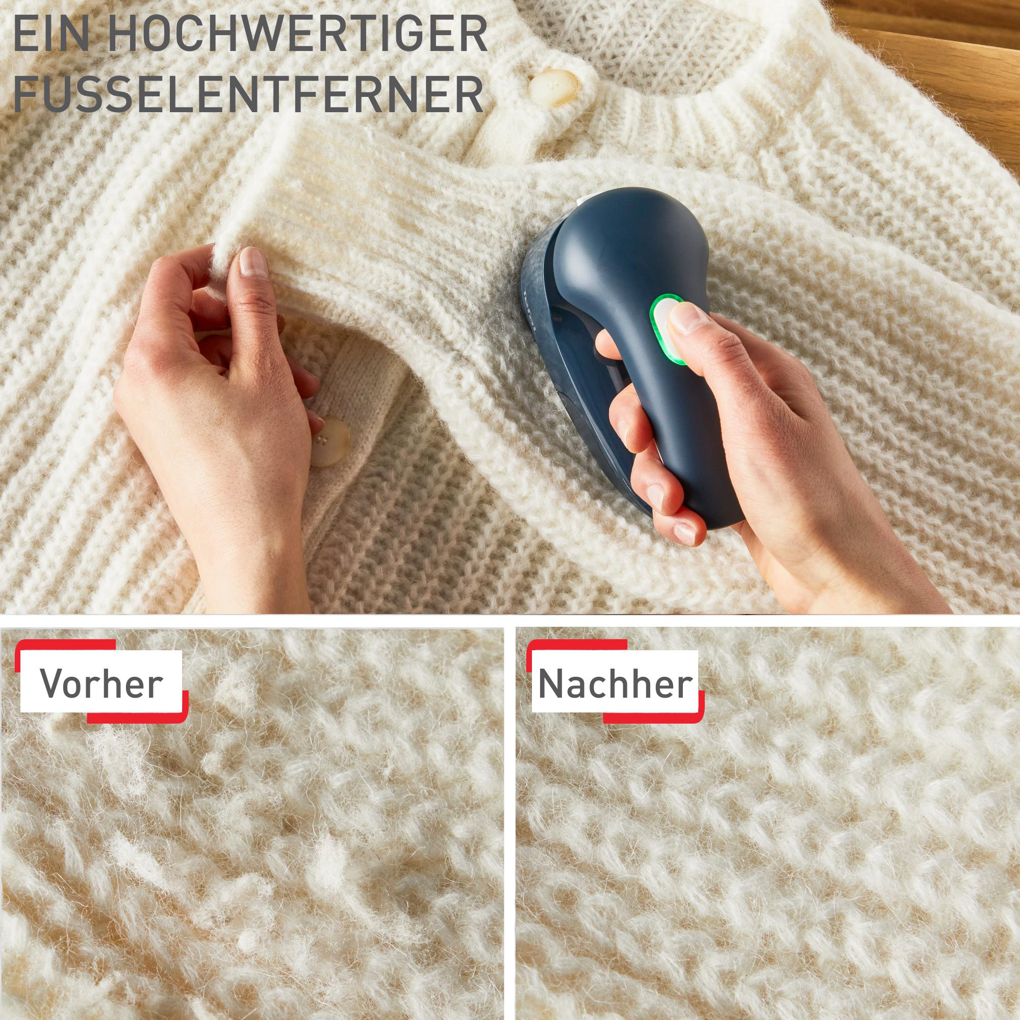 Eine Person benutzt einen Stoffrasierer auf einem weißen Pullover. Das Bild zeigt Vorher-Nachher-Ergebnisse.