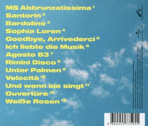 Die Rückseite einer CD mit Text auf blauem Hintergrund. Der Text ist gelb.