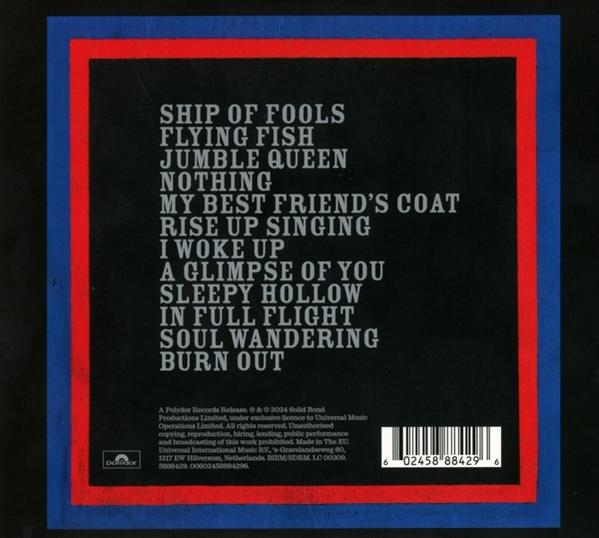 Die Rückseite einer CD-Hülle mit Songtiteln und Text auf dunklem Hintergrund.