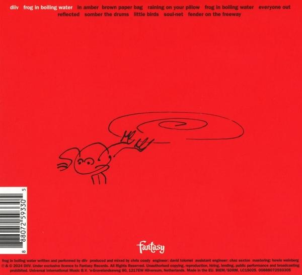 Rotes Albumcover mit Froschillustration und Text unten.