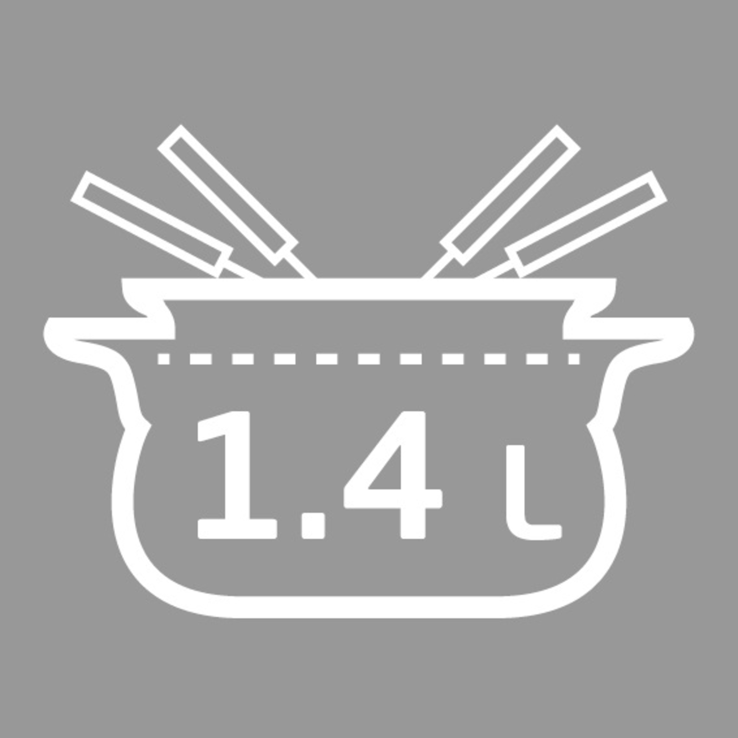 White graphic showing a container with 1.4L. Four lines go inside the container.